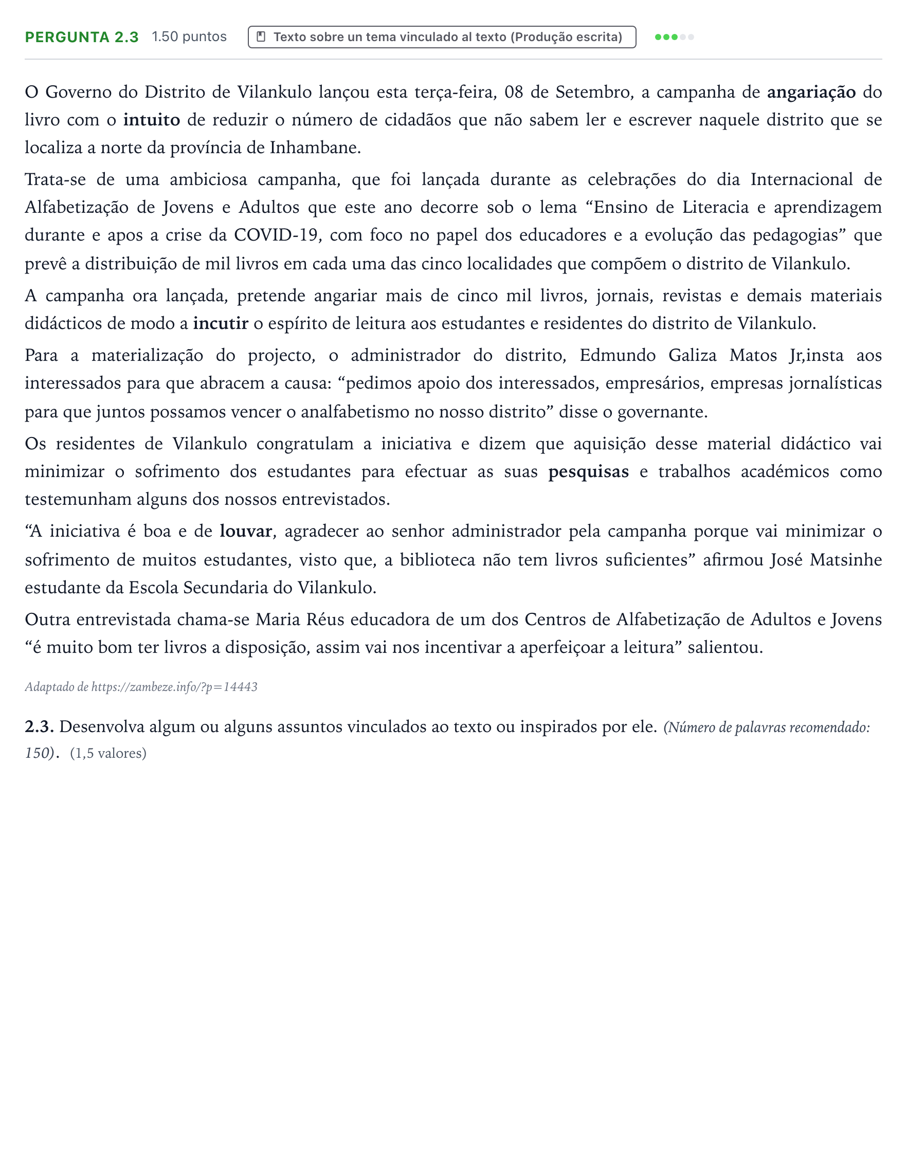 Enunciado: Ejercicio Pergunta 2.3 · Portugués PAU Galicia Ordinaria 2021