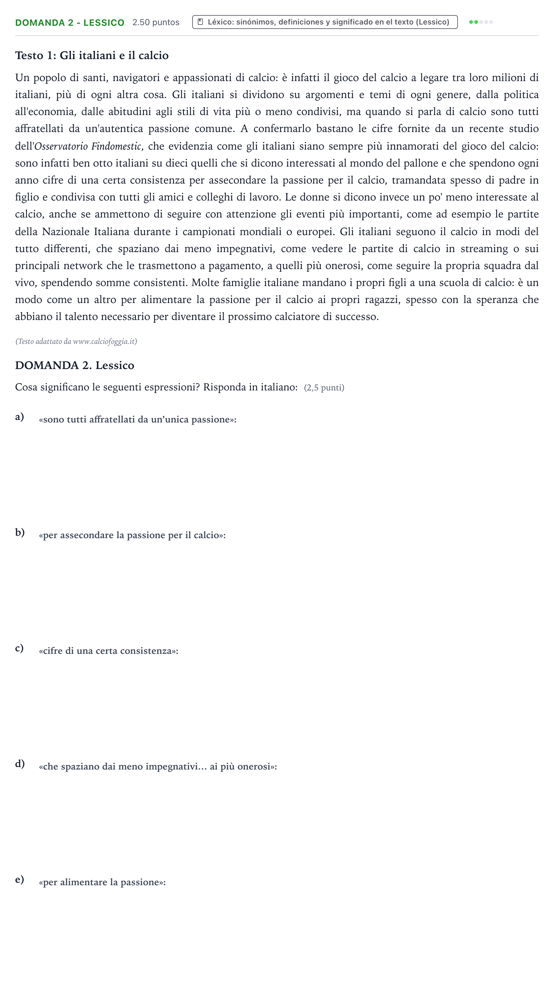 Enunciado: Ejercicio Domanda 2 - Lessico · Italiano PAU Galicia Ordinaria 2021