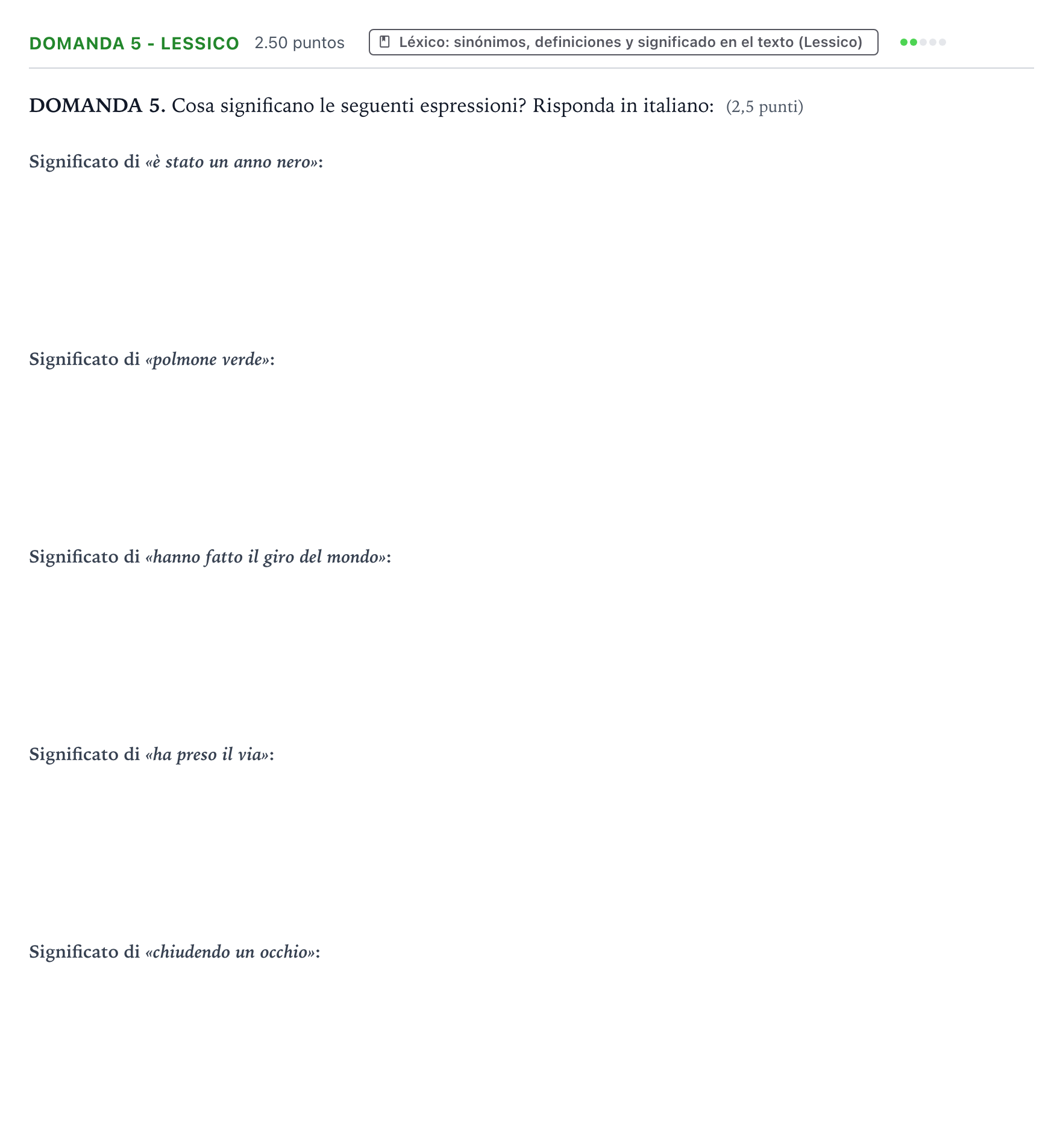 Enunciado: Ejercicio Domanda 5 - Lessico · Italiano PAU Galicia Ordinaria 2021
