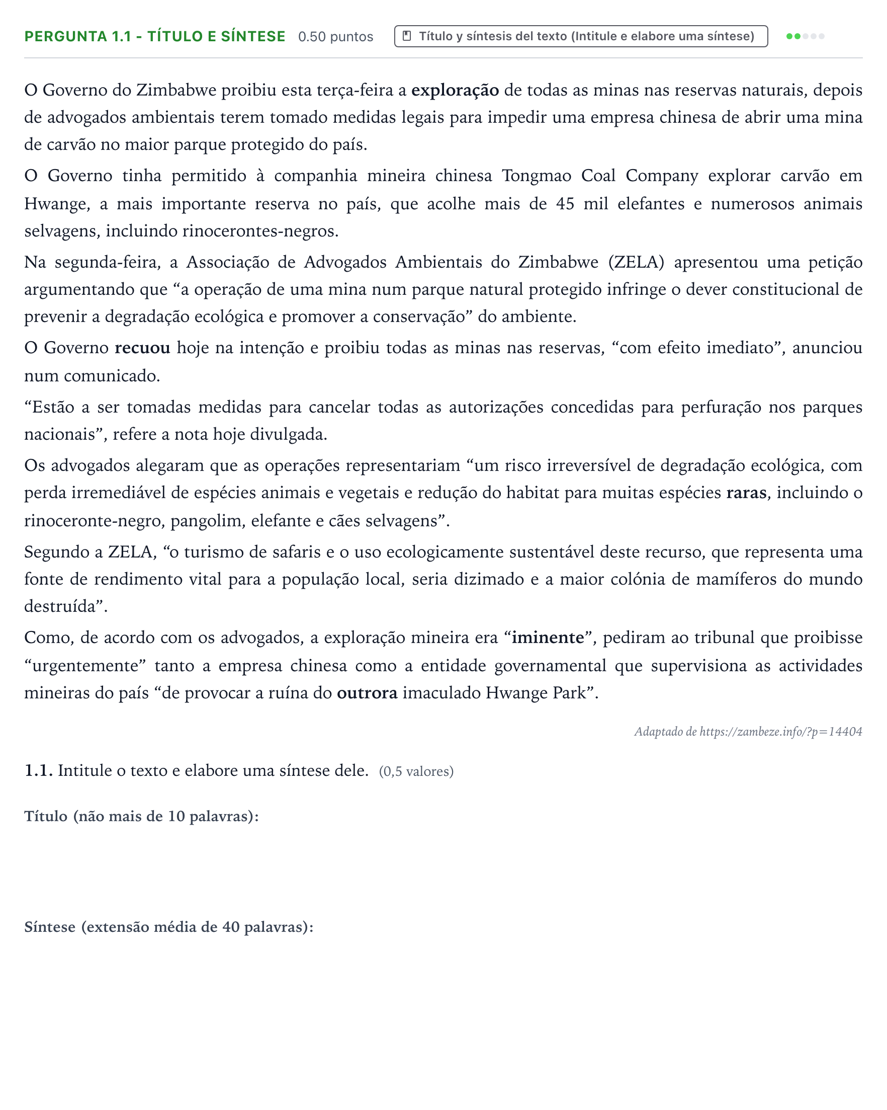 Enunciado: Ejercicio Pergunta 1.1 - Título e síntese · Portugués PAU Galicia Extraordinaria 2021