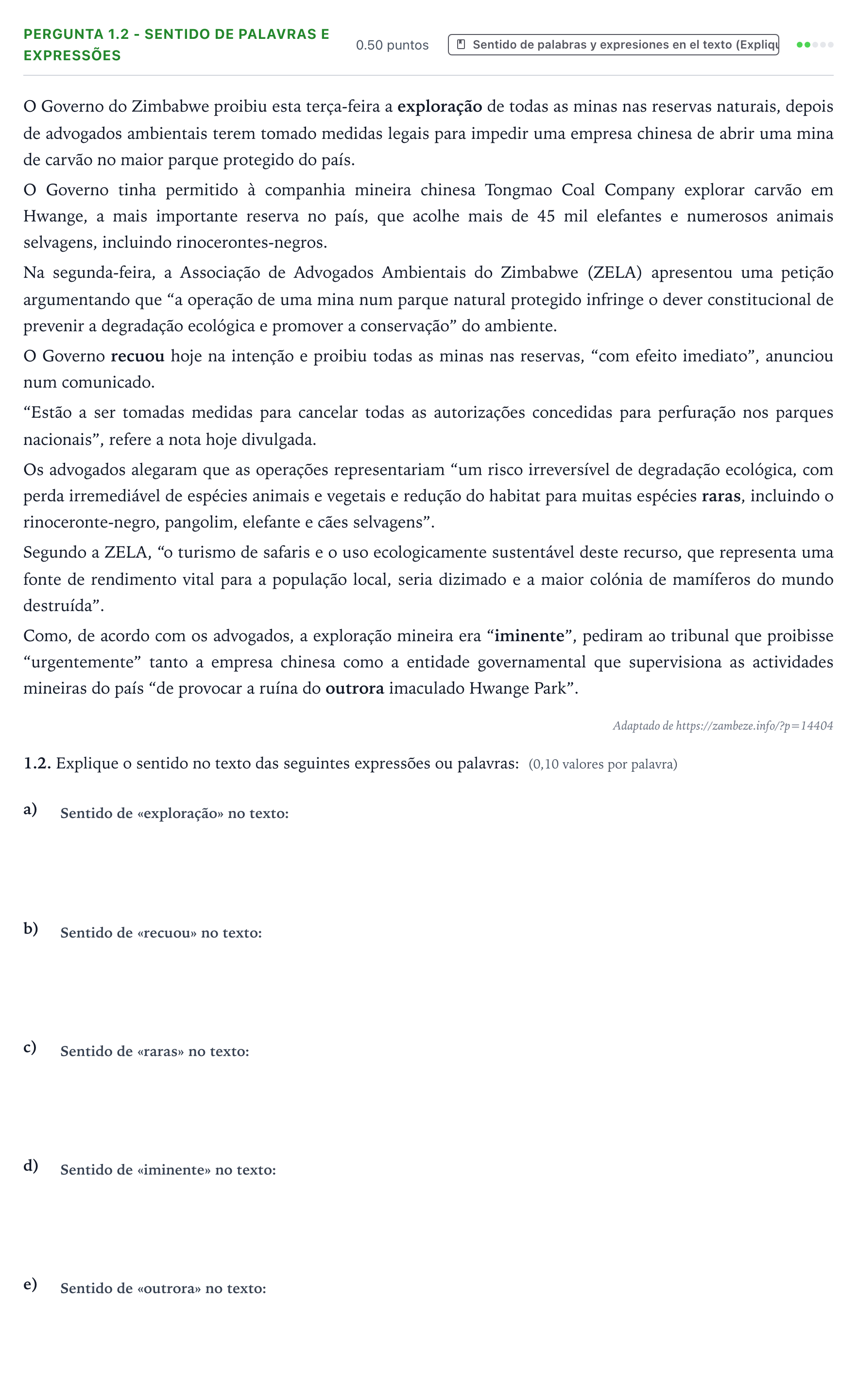 Enunciado: Ejercicio Pergunta 1.2 - Sentido de palavras e expressões · Portugués PAU Galicia Extraordinaria 2021