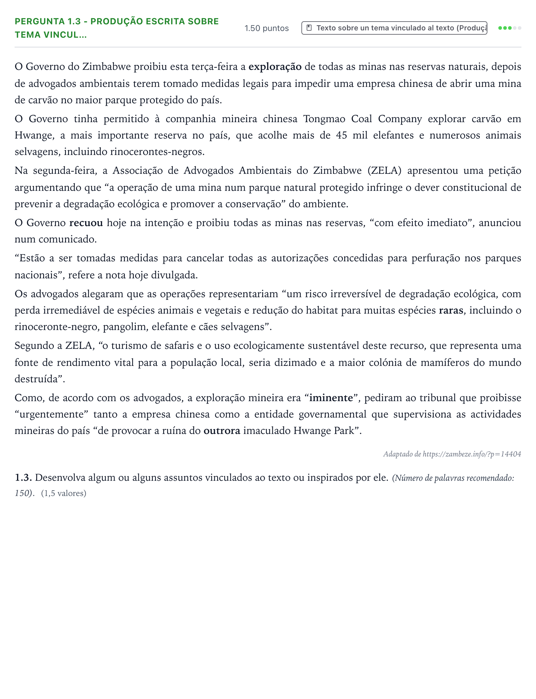 Enunciado: Ejercicio Pergunta 1.3 - Produção escrita sobre tema vincul… · Portugués PAU Galicia Extraordinaria 2021