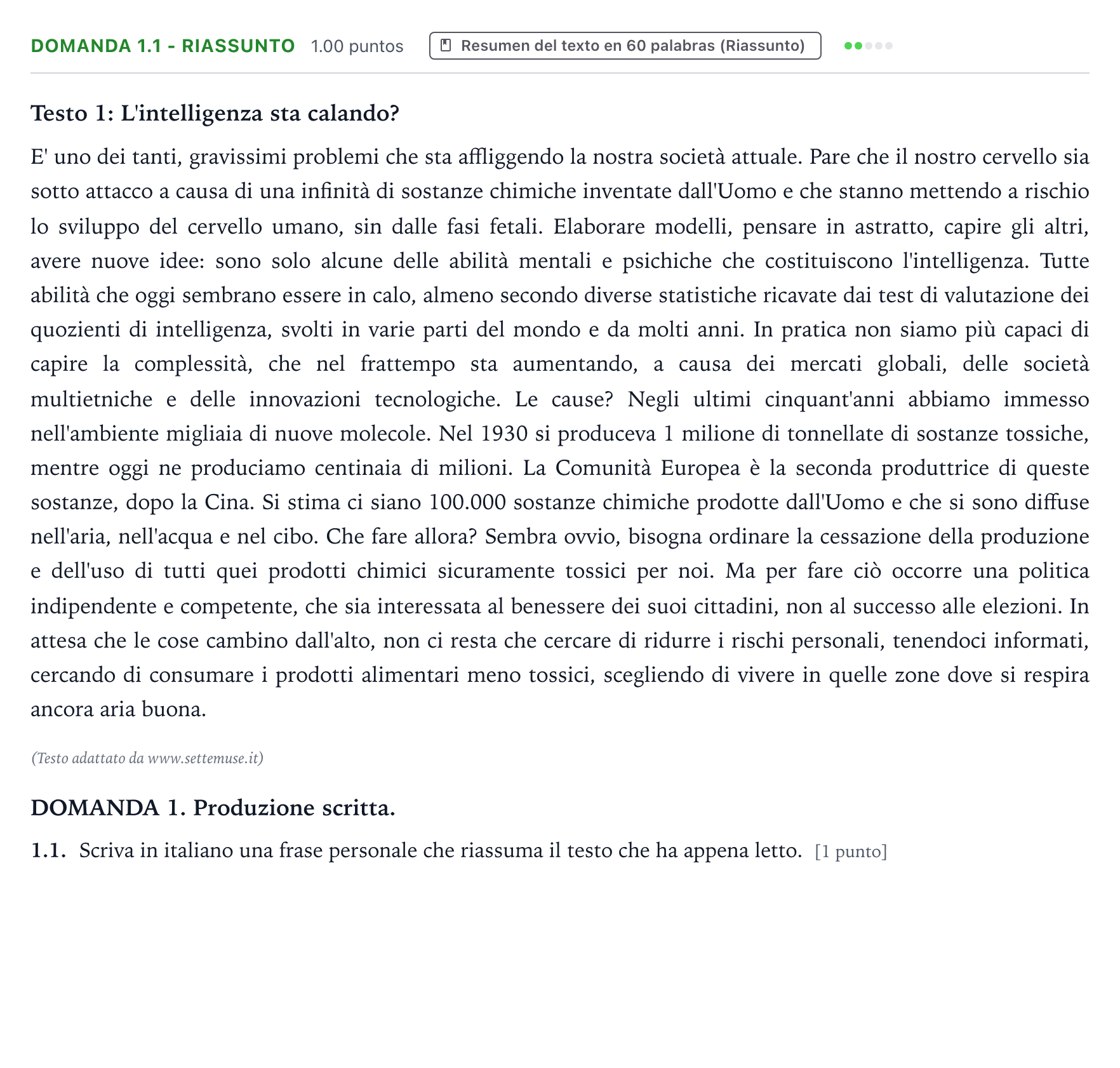 Enunciado: Ejercicio Domanda 1.1 - Riassunto · Italiano PAU Galicia Extraordinaria 2021