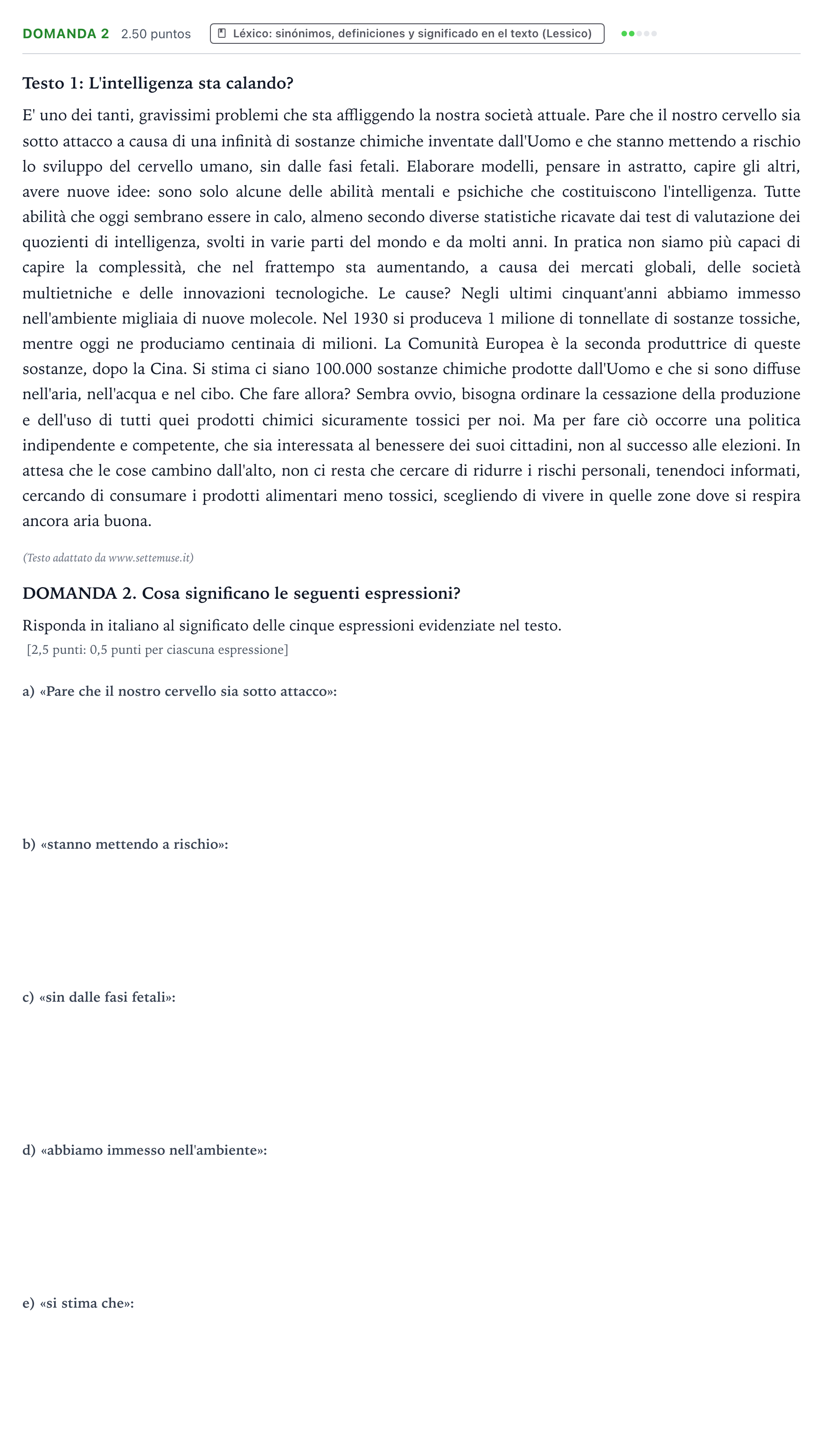 Enunciado: Ejercicio Domanda 2 · Italiano PAU Galicia Extraordinaria 2021
