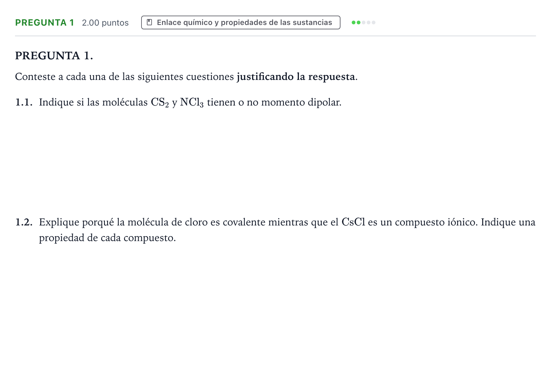 Enunciado: Pregunta 1 · Química PAU Galicia Extraordinaria 2021