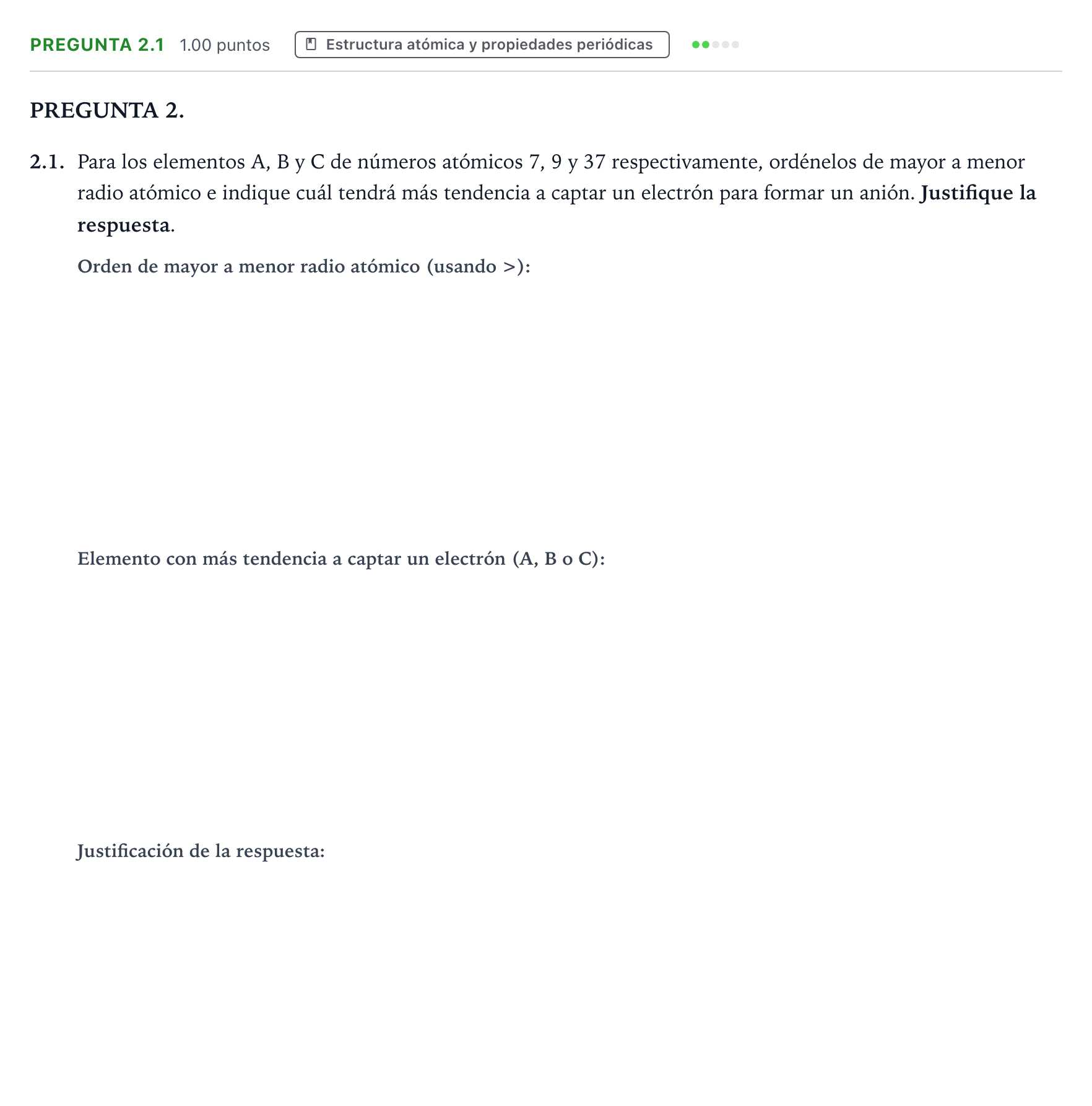 Enunciado: Pregunta 2.1 · Química PAU Galicia Extraordinaria 2021