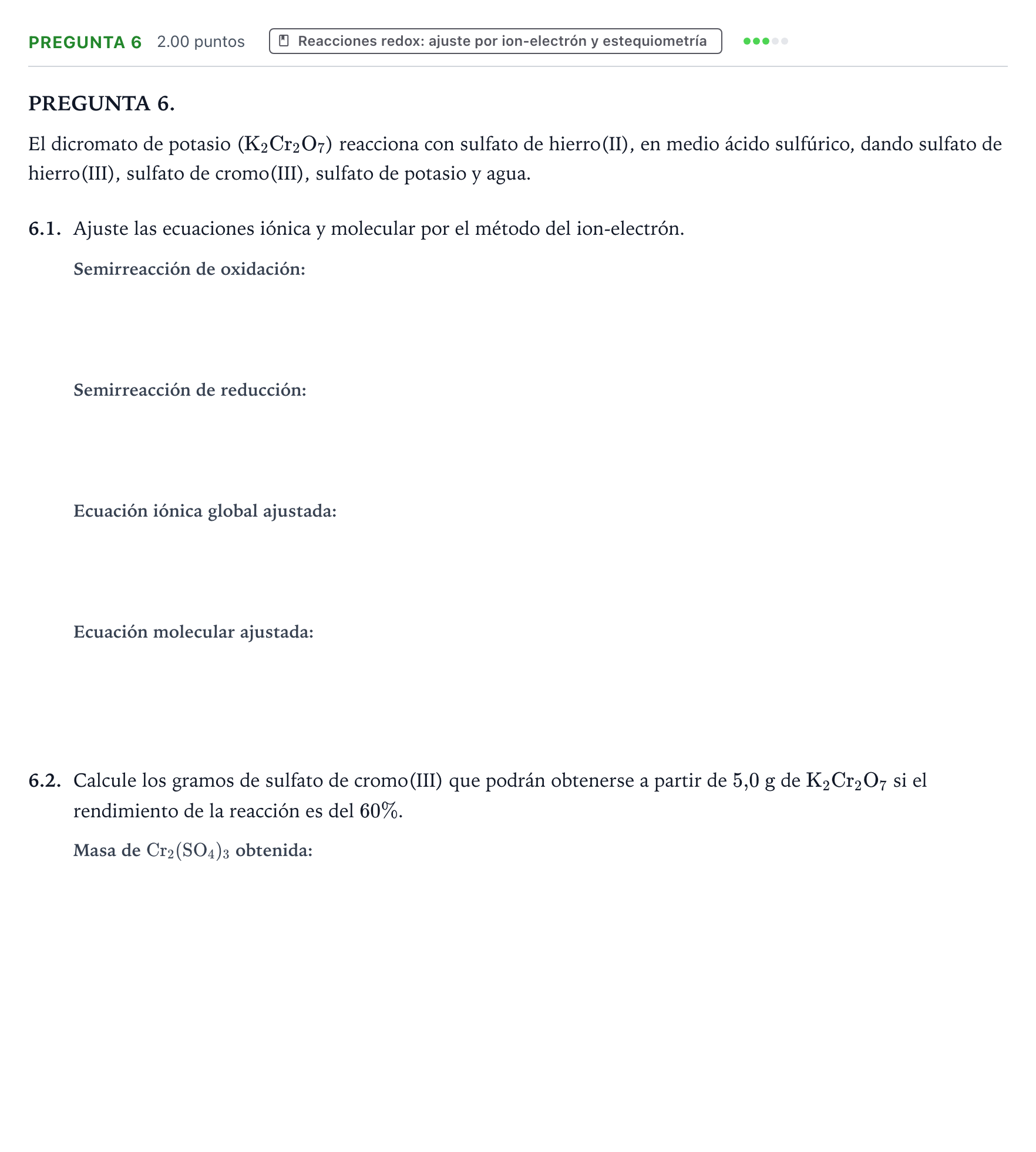 Enunciado: Pregunta 6 · Química PAU Galicia Extraordinaria 2021