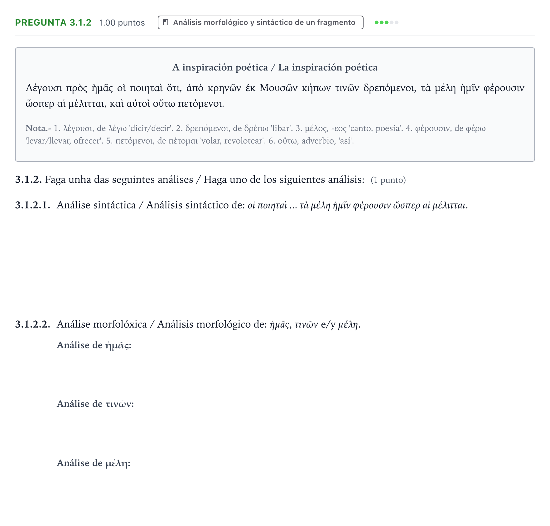 Enunciado: Pregunta 3.1.2 · Griego II PAU Galicia Extraordinaria 2021