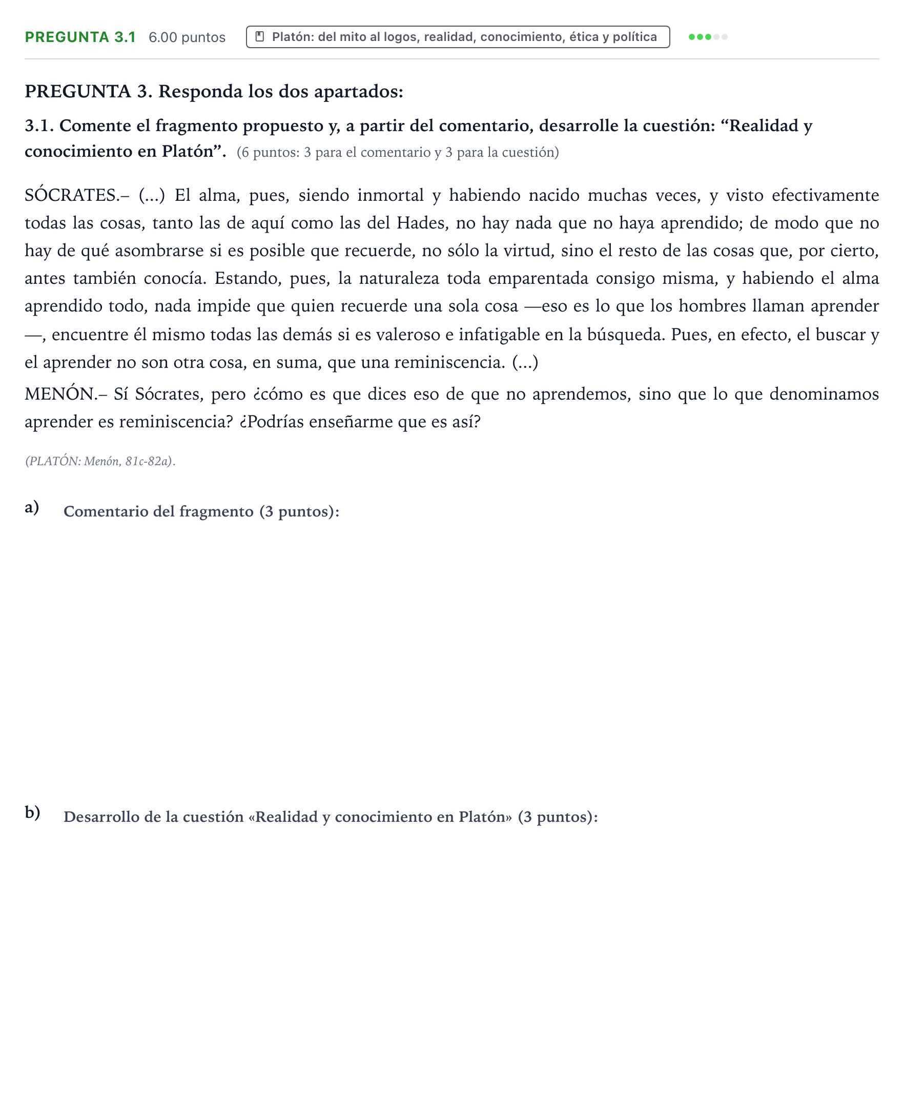 Enunciado: Pregunta 3.1 · Historia de la Filosofía PAU Galicia Ordinaria 2021