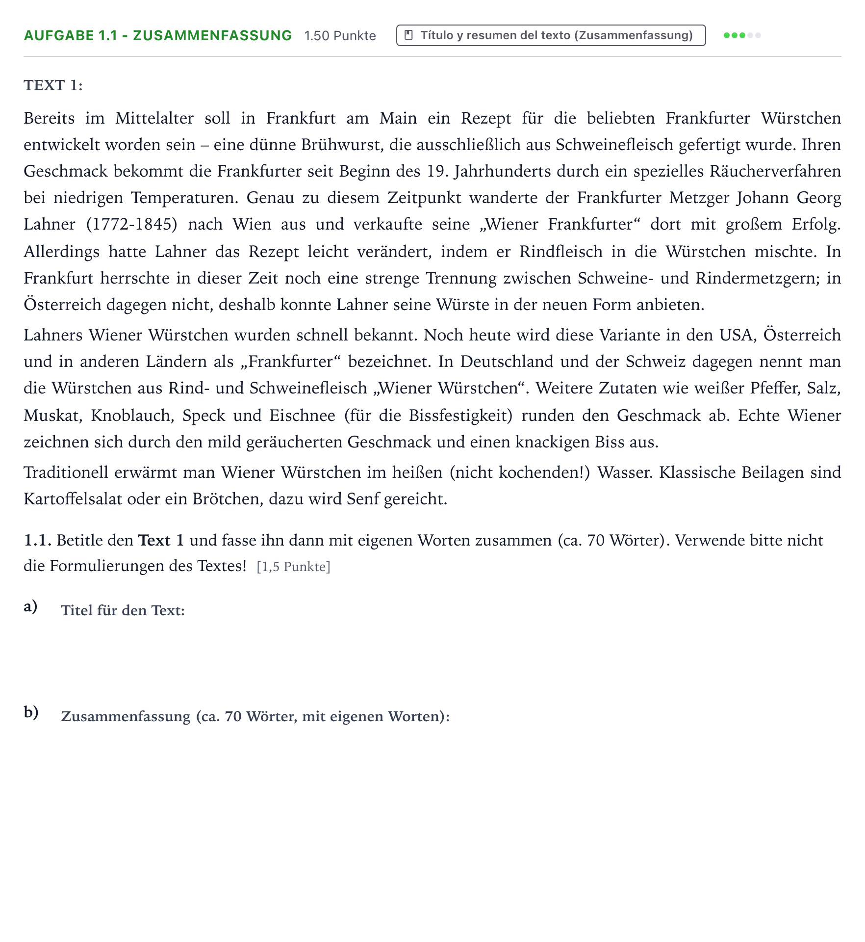 Enunciado: Ejercicio 1.1 - Zusammenfassung · Alemán PAU Galicia Extraordinaria (2ª lengua extranjera) 2021