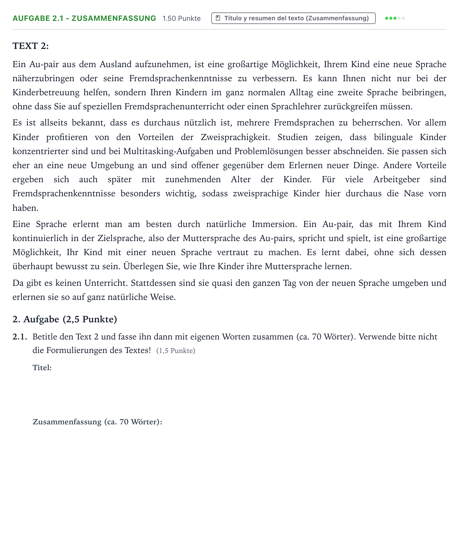 Enunciado: Ejercicio 2.1 - Zusammenfassung · Alemán PAU Galicia Extraordinaria (2ª lengua extranjera) 2021