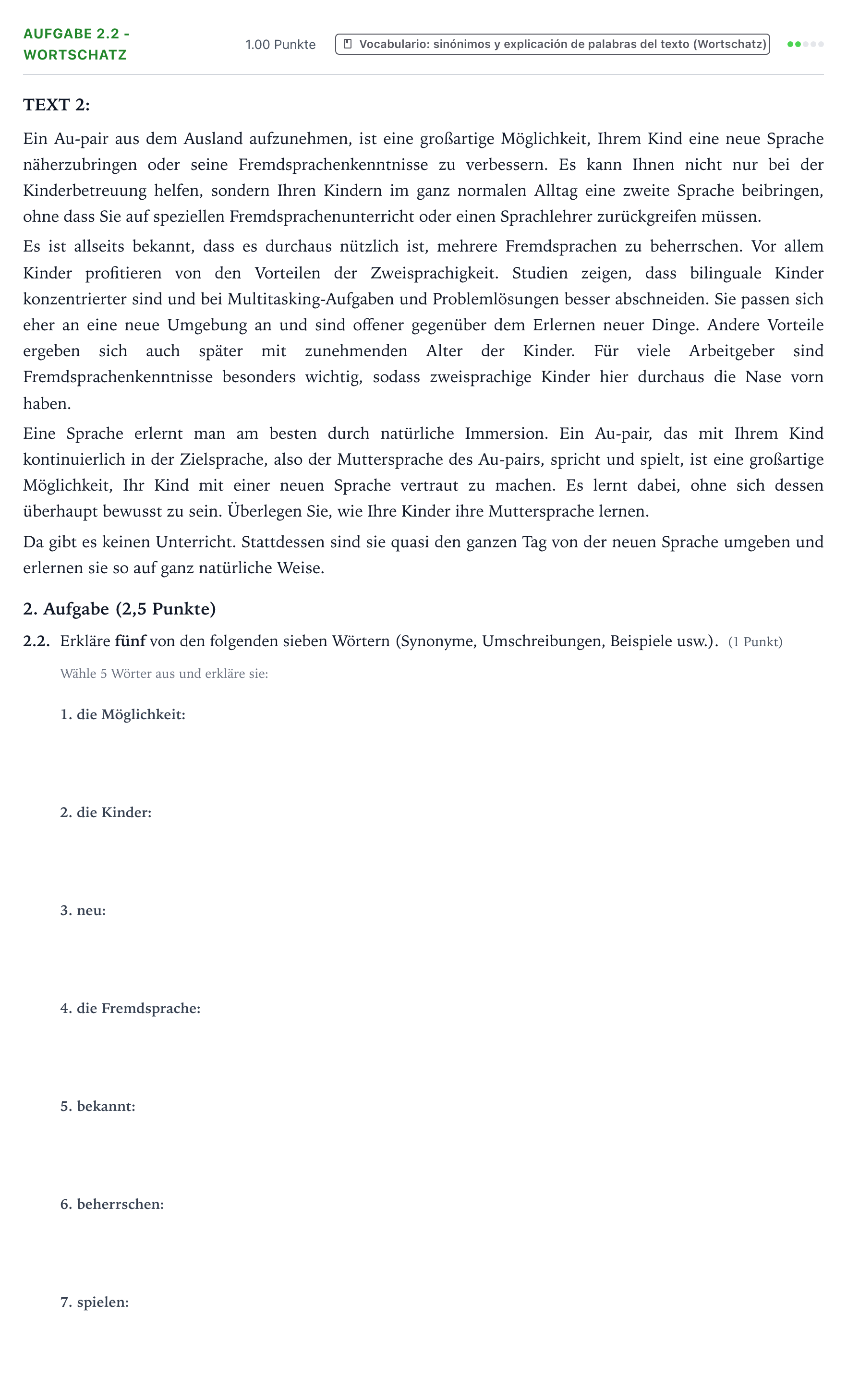 Enunciado: Ejercicio 2.2 - Wortschatz · Alemán PAU Galicia Extraordinaria (2ª lengua extranjera) 2021