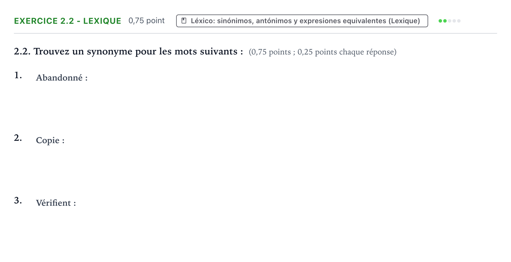 Enunciado: Ejercicio 2.2 - Lexique · Francés PAU Galicia Ordinaria (2ª lengua extranjera) 2021