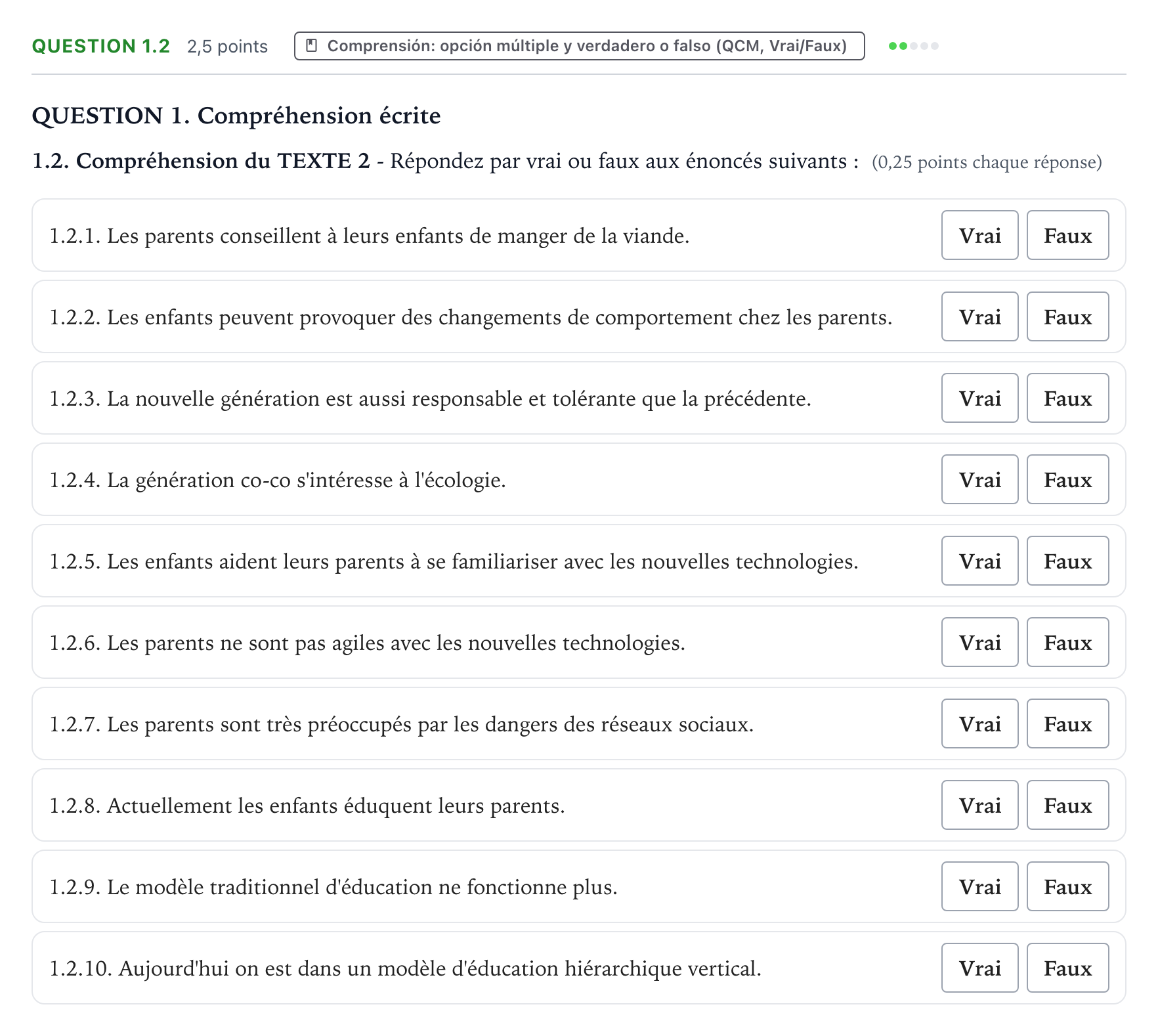 Enunciado: Question 1.2 · Francés PAU Galicia Extraordinaria (2ª lengua extranjera) 2021