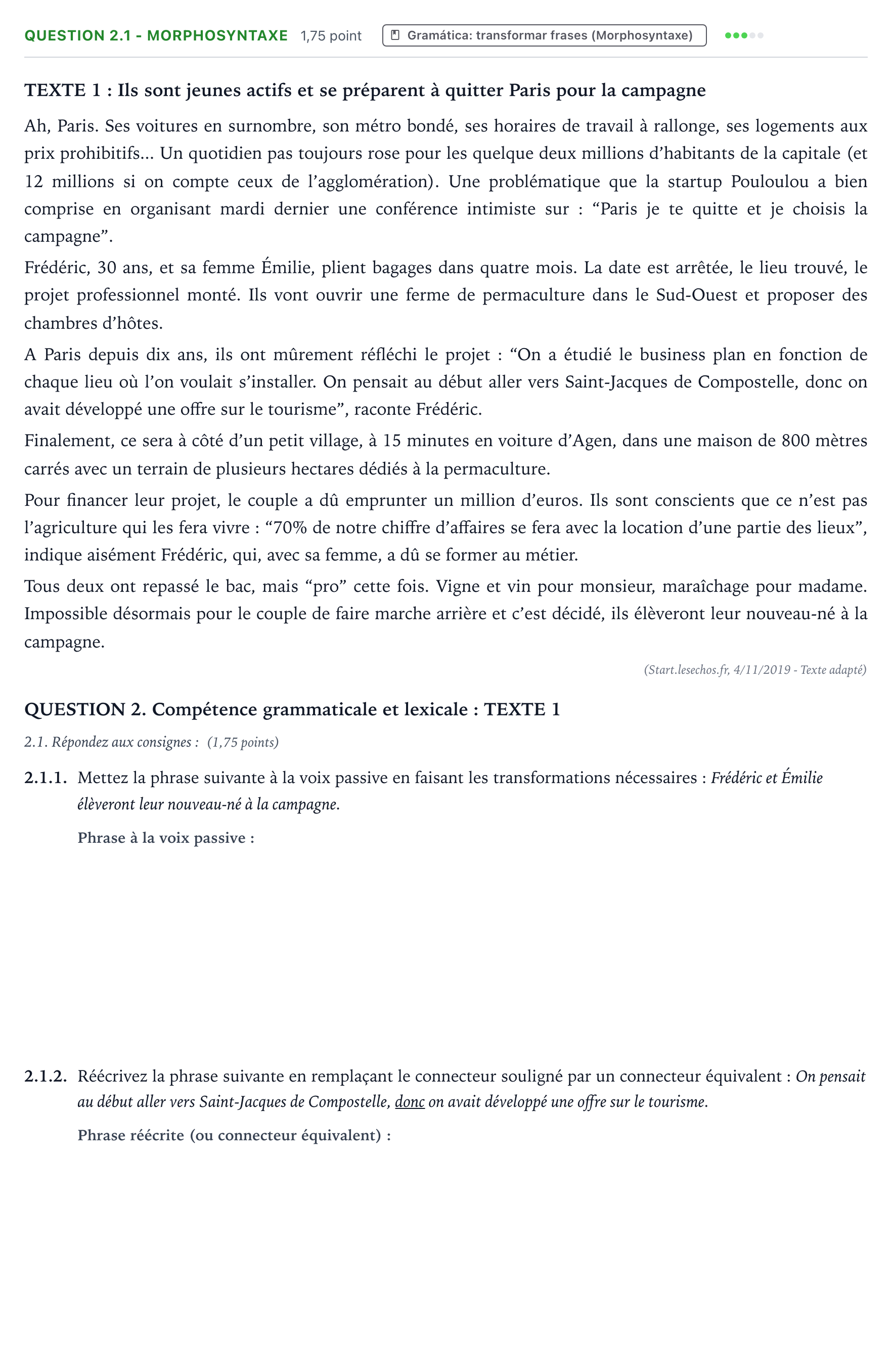 Enunciado: Question 2.1 - Morphosyntaxe · Francés PAU Galicia Extraordinaria (2ª lengua extranjera) 2021