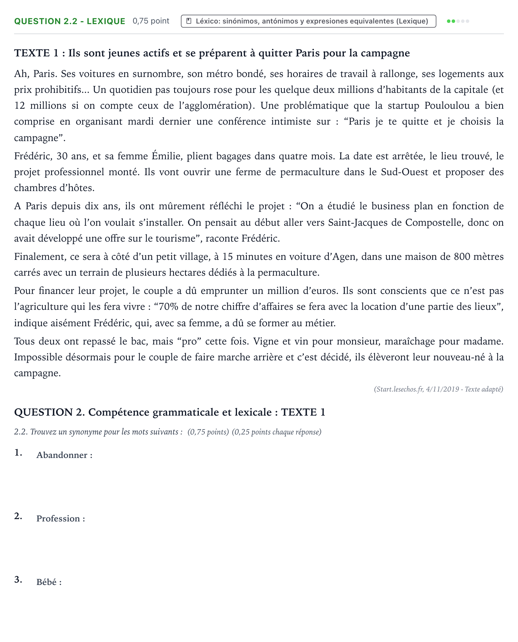 Enunciado: Question 2.2 - Lexique · Francés PAU Galicia Extraordinaria (2ª lengua extranjera) 2021