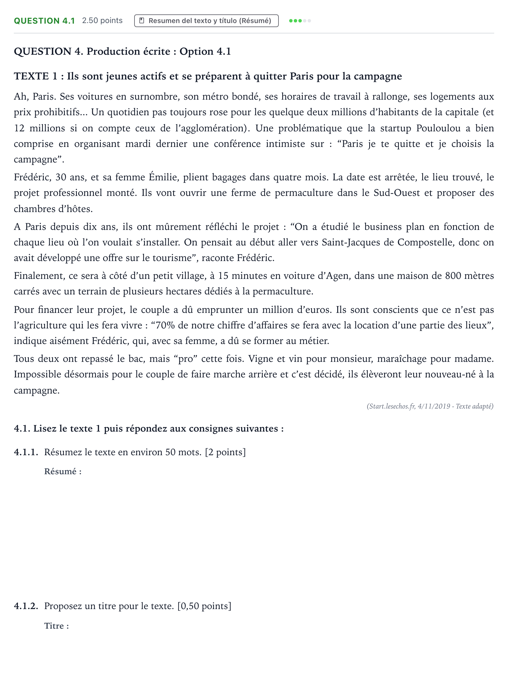 Enunciado: Question 4.1 · Francés PAU Galicia Extraordinaria (2ª lengua extranjera) 2021