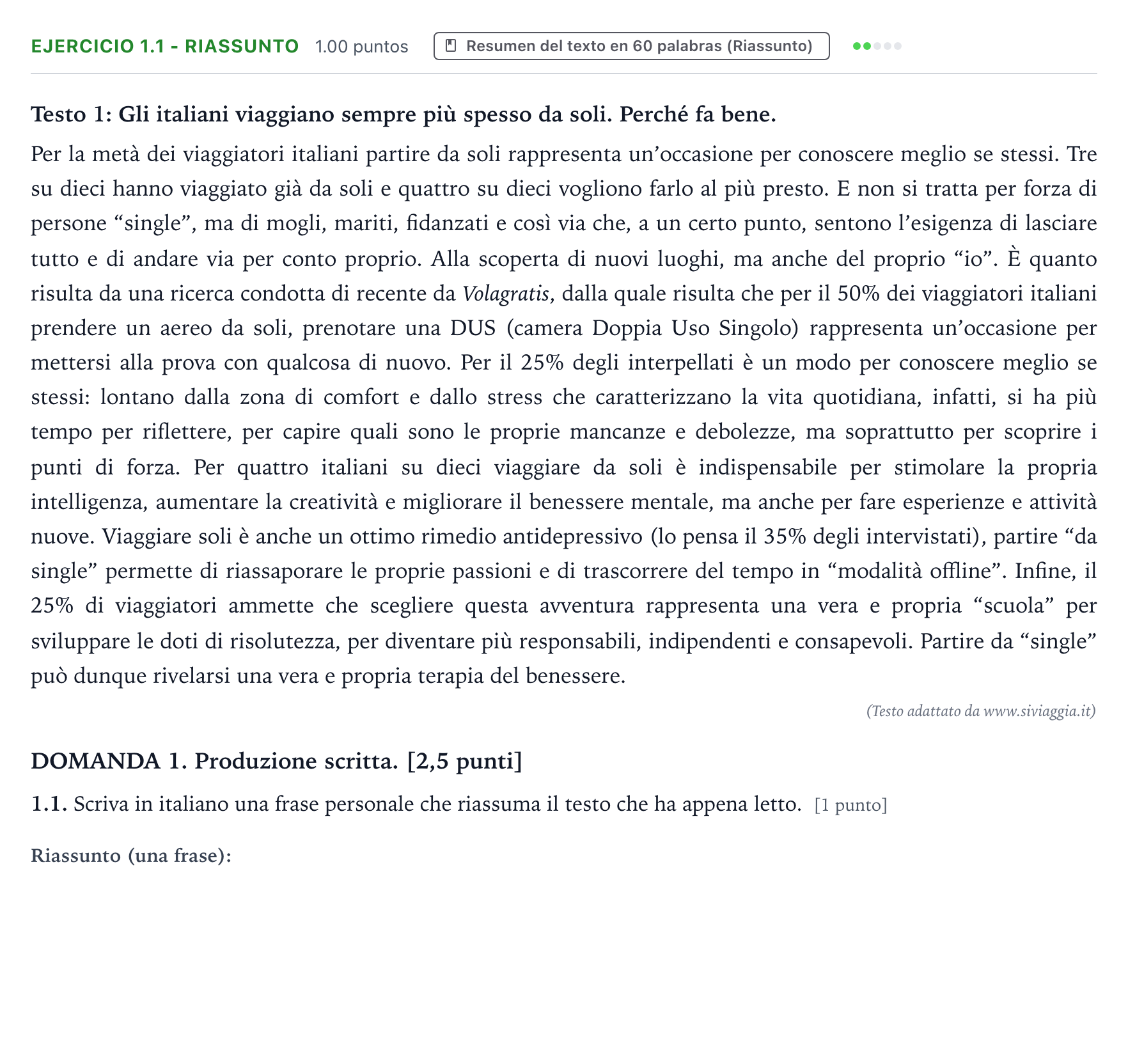 Enunciado: Ejercicio 1.1 - Riassunto · Italiano PAU Galicia Extraordinaria (2ª lengua extranjera) 2021