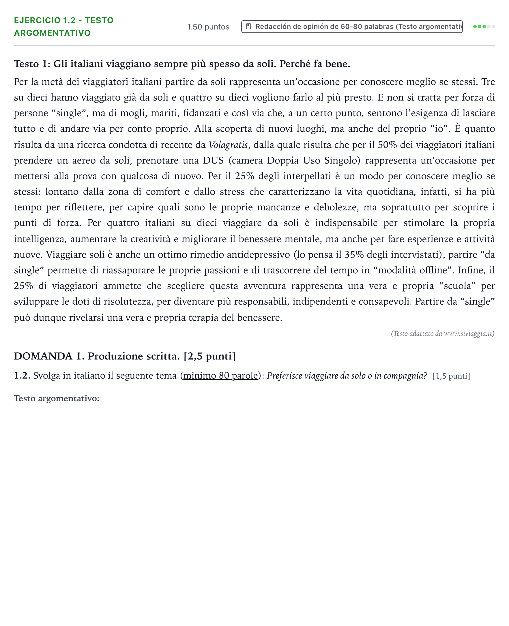 Enunciado: Ejercicio 1.2 - Testo argomentativo · Italiano PAU Galicia Extraordinaria (2ª lengua extranjera) 2021