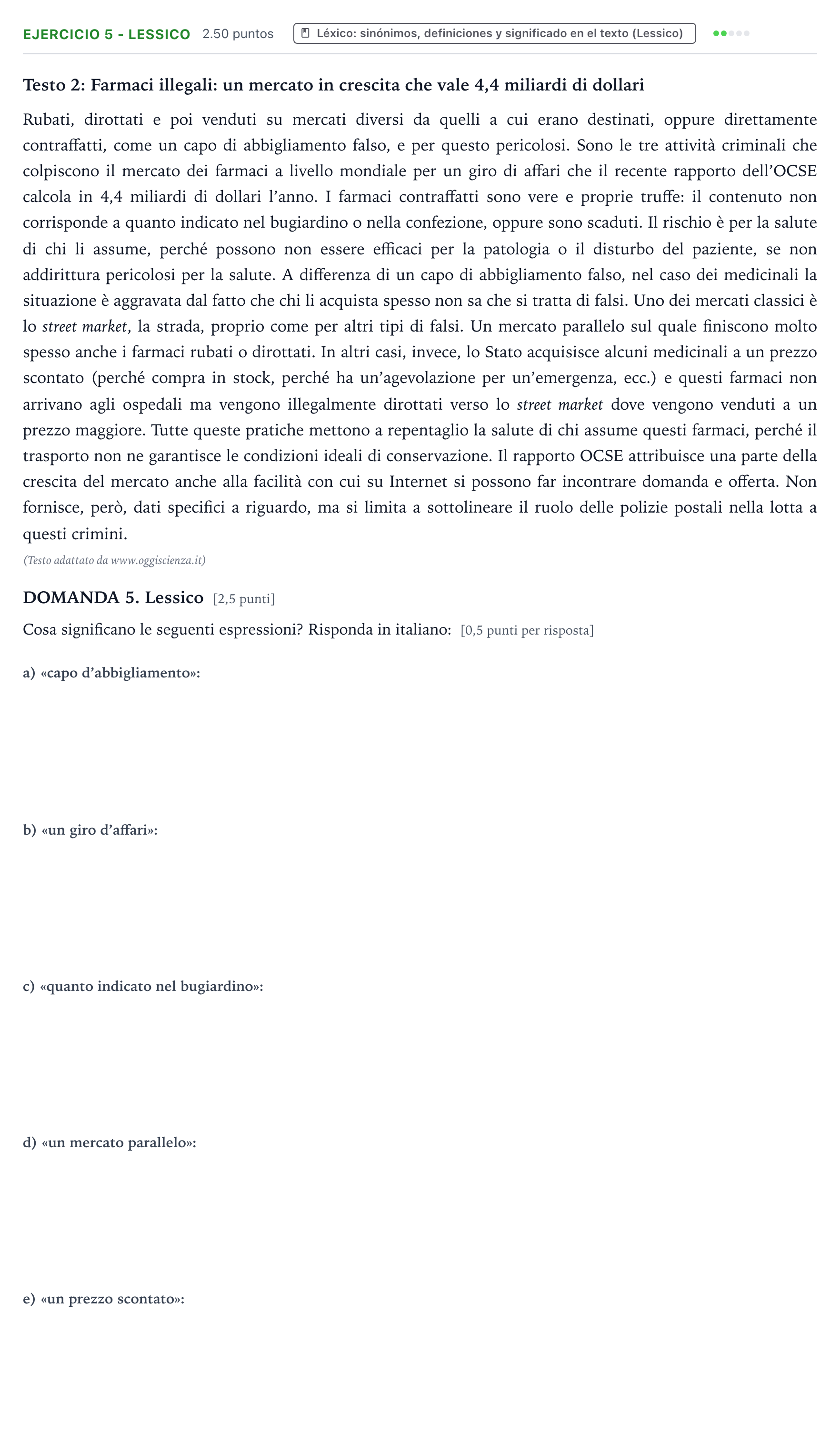 Enunciado: Ejercicio 5 - Lessico · Italiano PAU Galicia Extraordinaria (2ª lengua extranjera) 2021