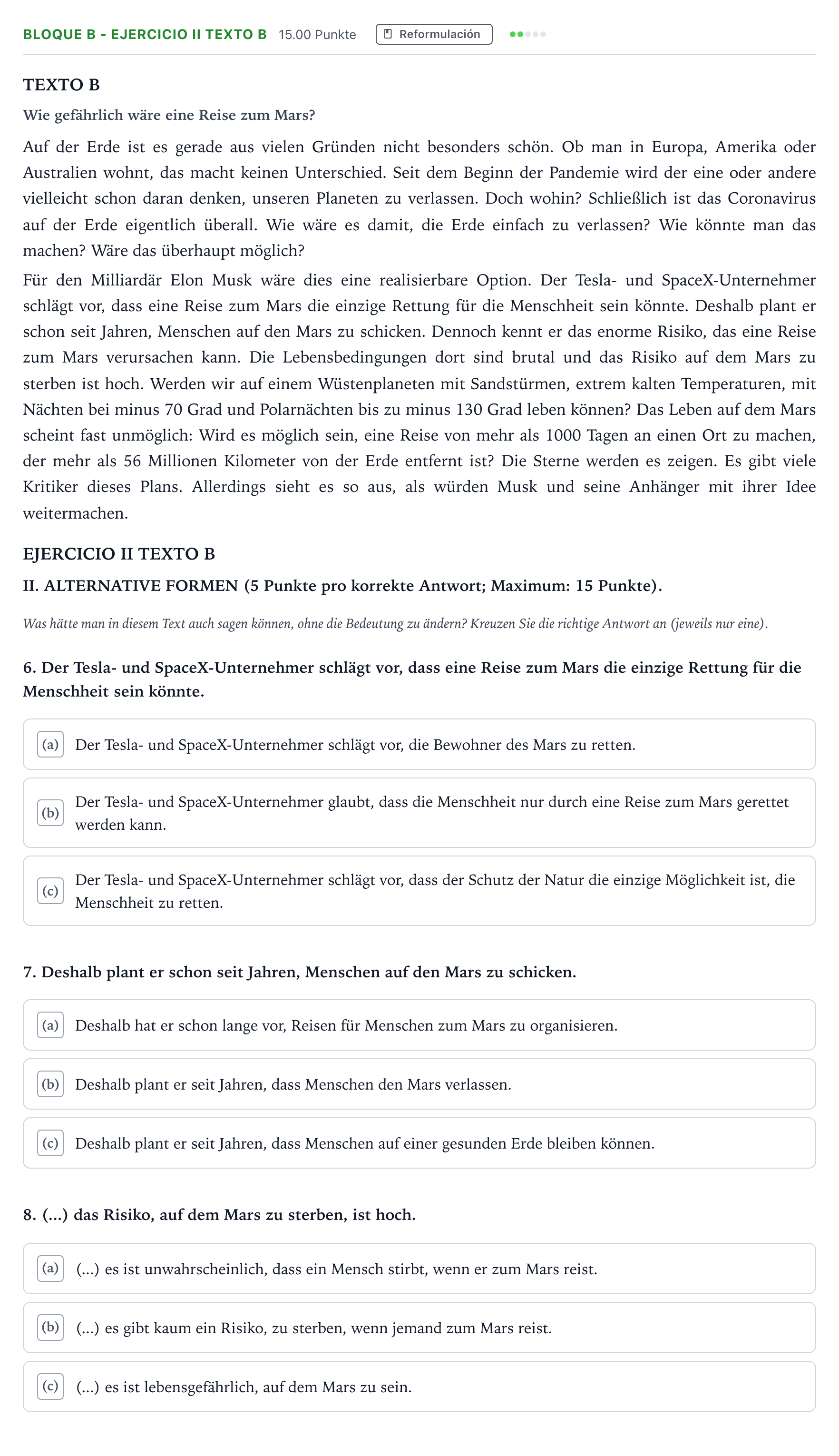 Enunciado: Bloque B - Ejercicio II Texto B · Alemán PAU Andalucía Extraordinaria Titular (Admisión) 2021