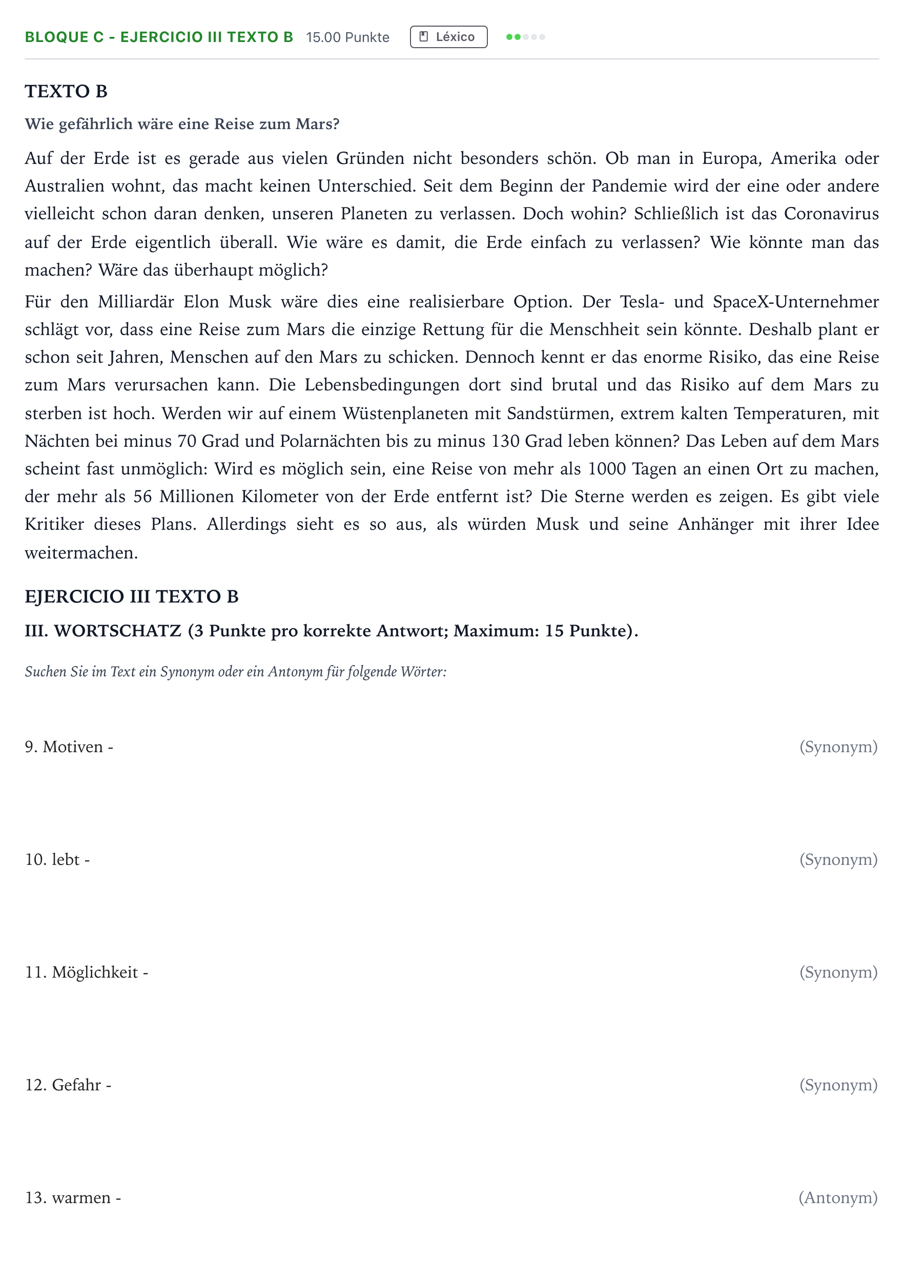 Enunciado: Bloque C - Ejercicio III Texto B · Alemán PAU Andalucía Extraordinaria Titular (Admisión) 2021