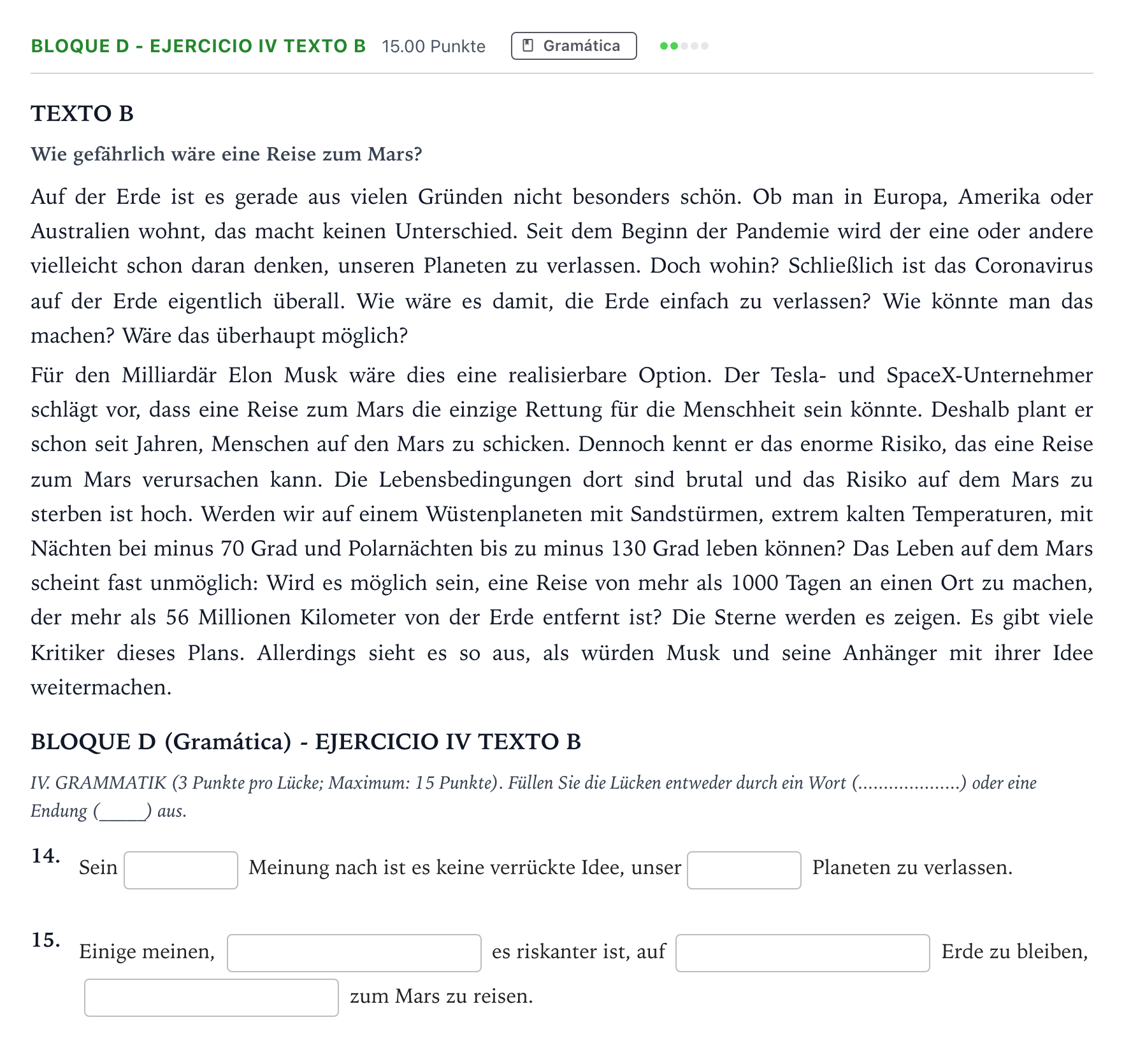 Enunciado: Bloque D - Ejercicio IV Texto B · Alemán PAU Andalucía Extraordinaria Titular (Admisión) 2021