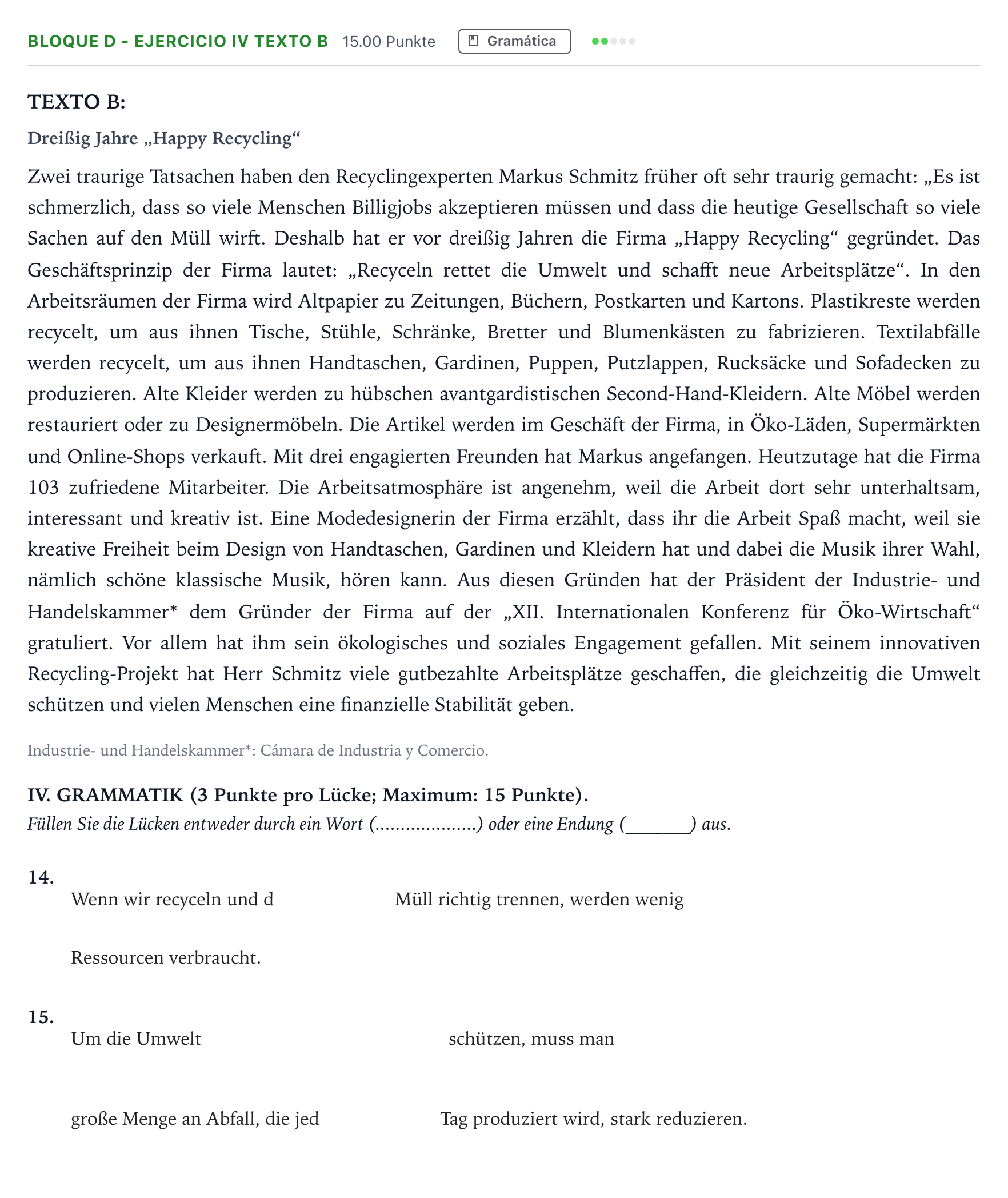 Enunciado: Bloque D - Ejercicio IV Texto B · Alemán PAU Andalucía Ordinaria Suplente 2021
