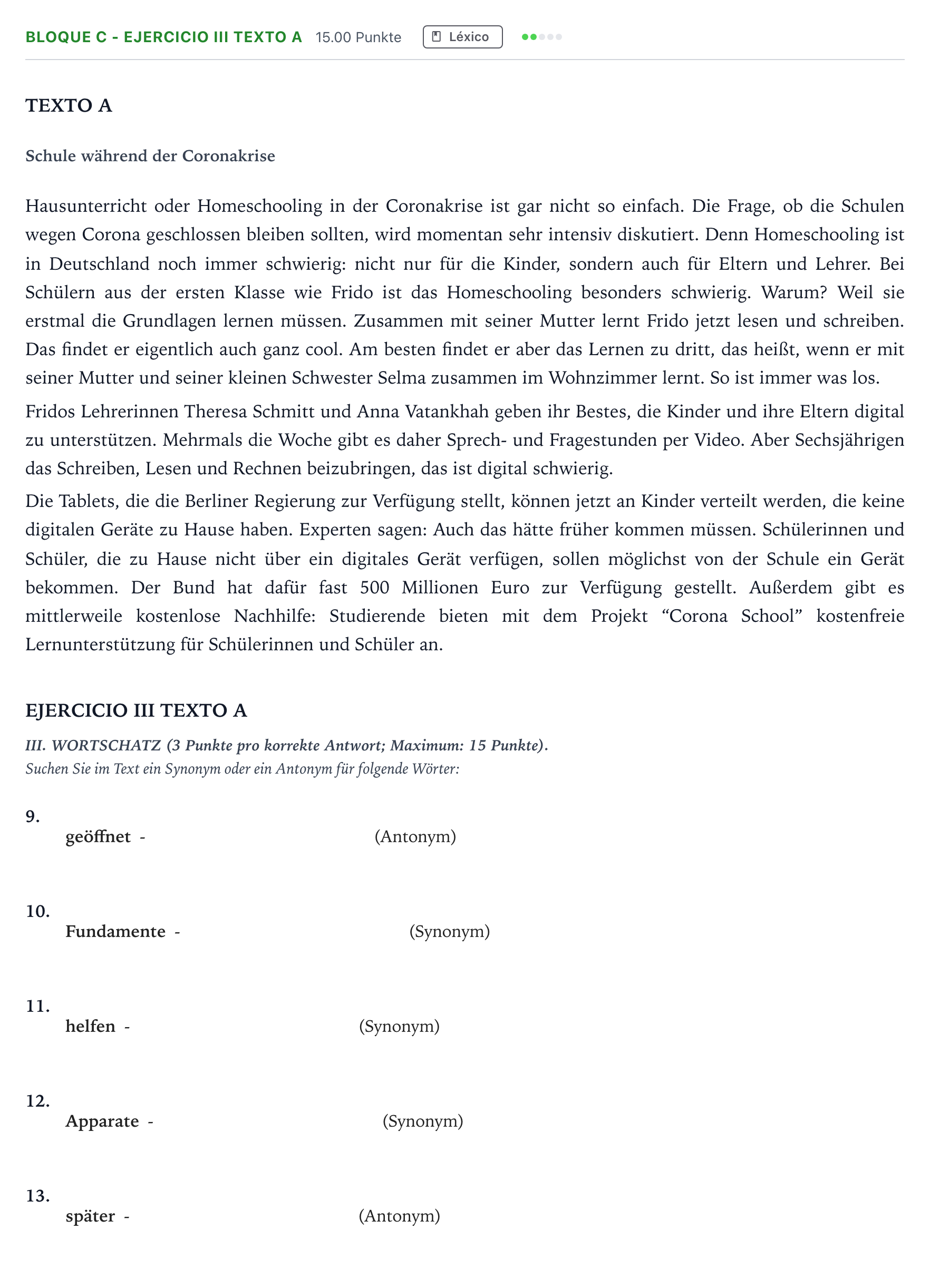 Enunciado: Bloque C - Ejercicio III Texto A · Alemán PAU Andalucía Ordinaria Reserva 2021