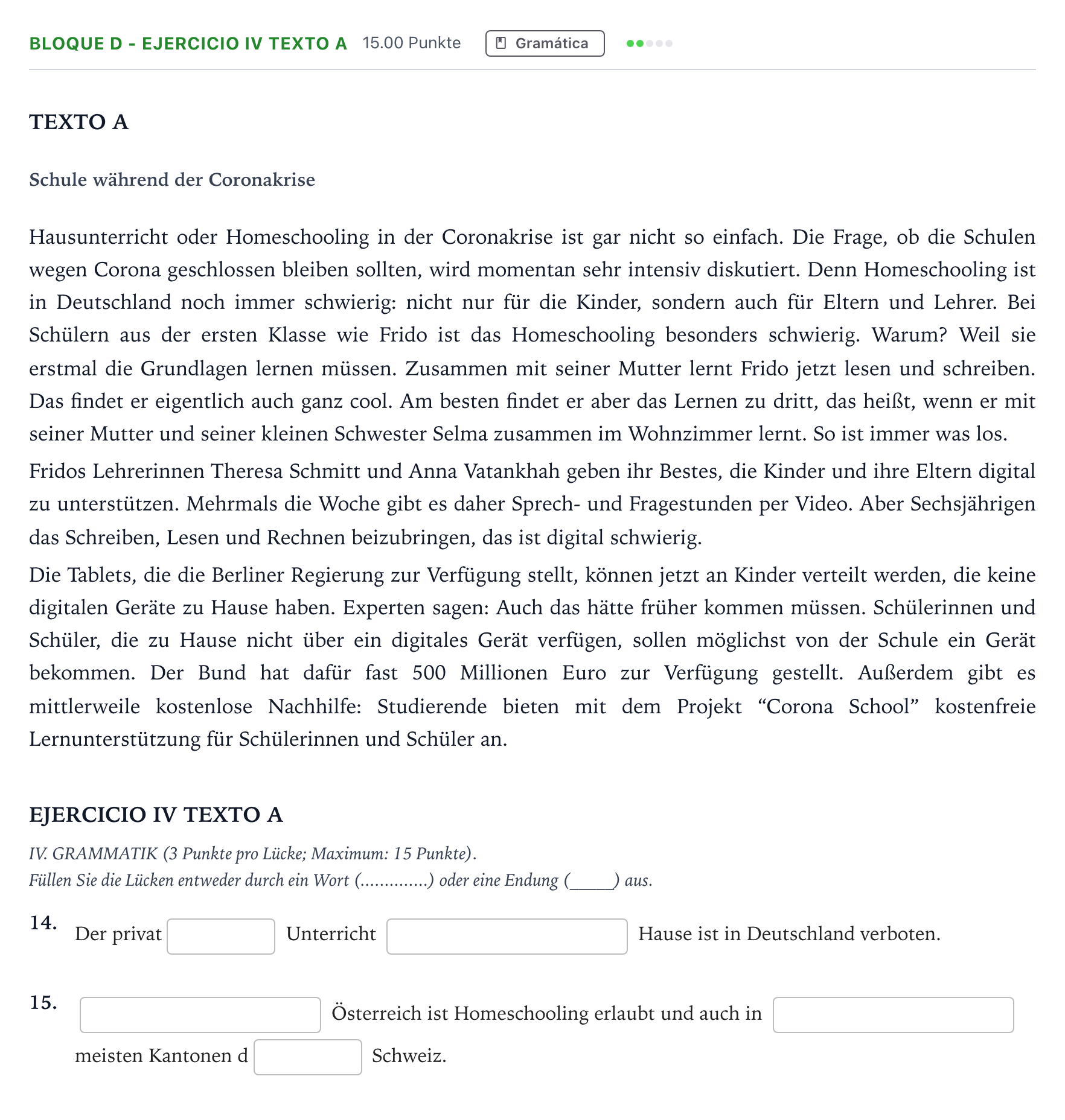 Enunciado: Bloque D - Ejercicio IV Texto A · Alemán PAU Andalucía Ordinaria Reserva 2021