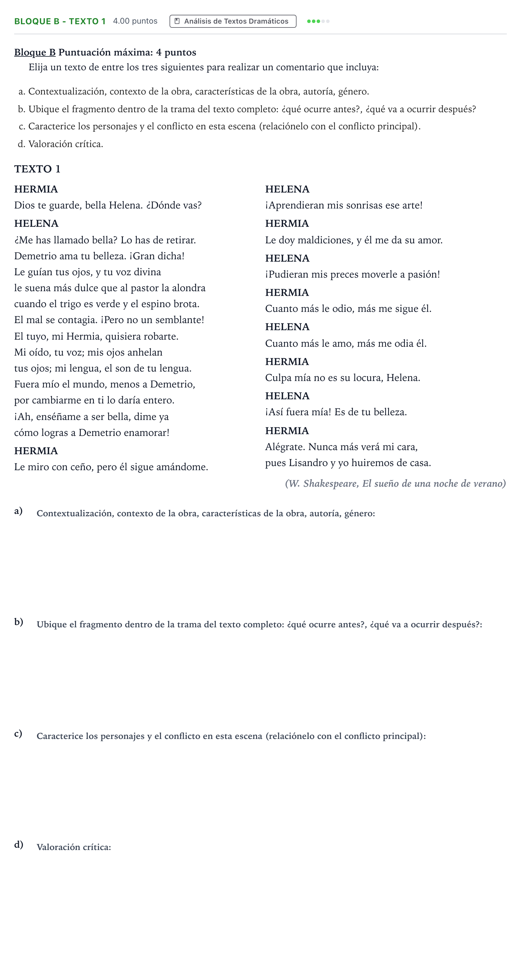 Enunciado: Bloque B - Texto 1 · Artes Escénicas PAU Andalucía Extraordinaria Titular 2021