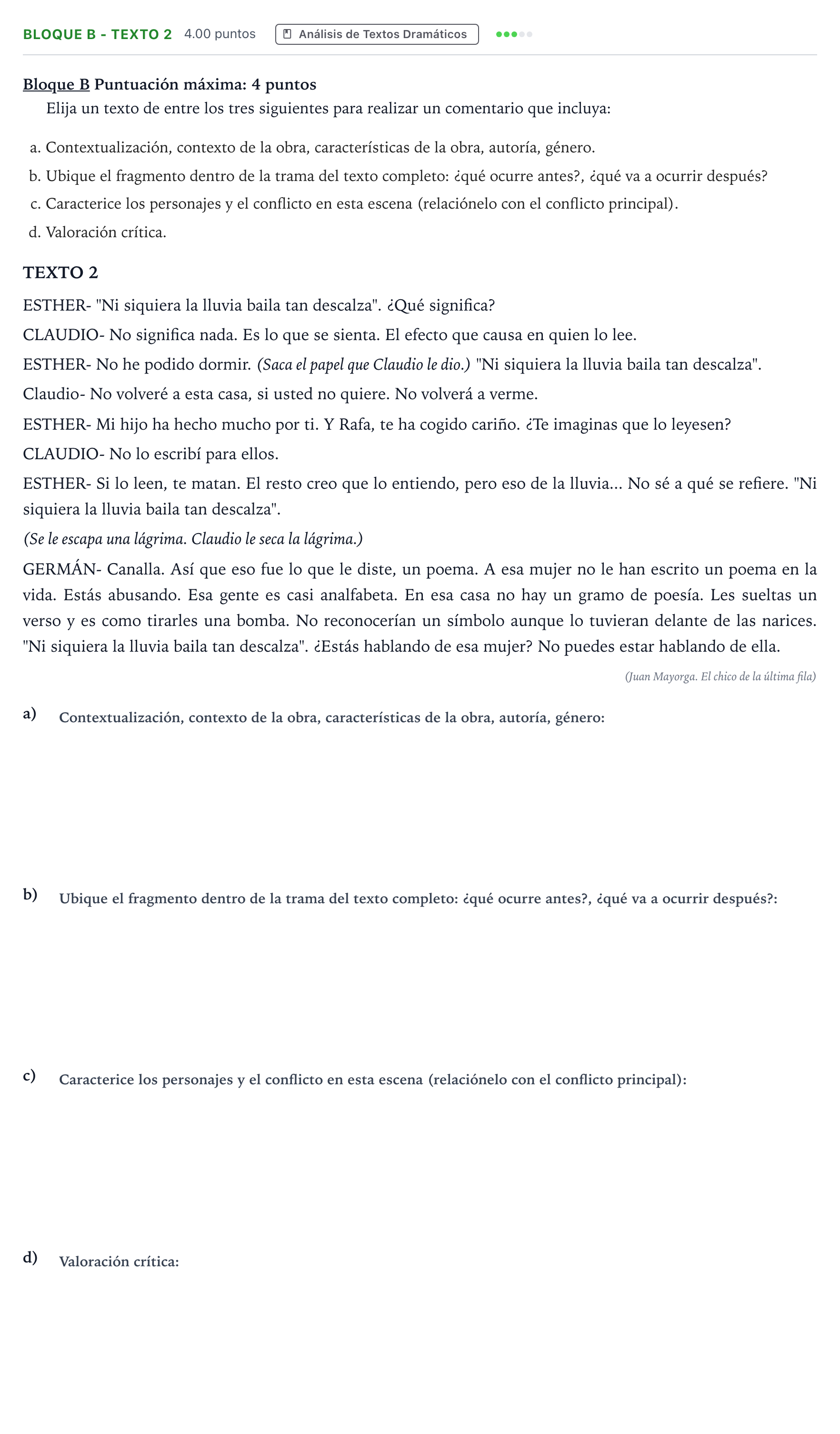 Enunciado: Bloque B - Texto 2 · Artes Escénicas PAU Andalucía Extraordinaria Titular 2021