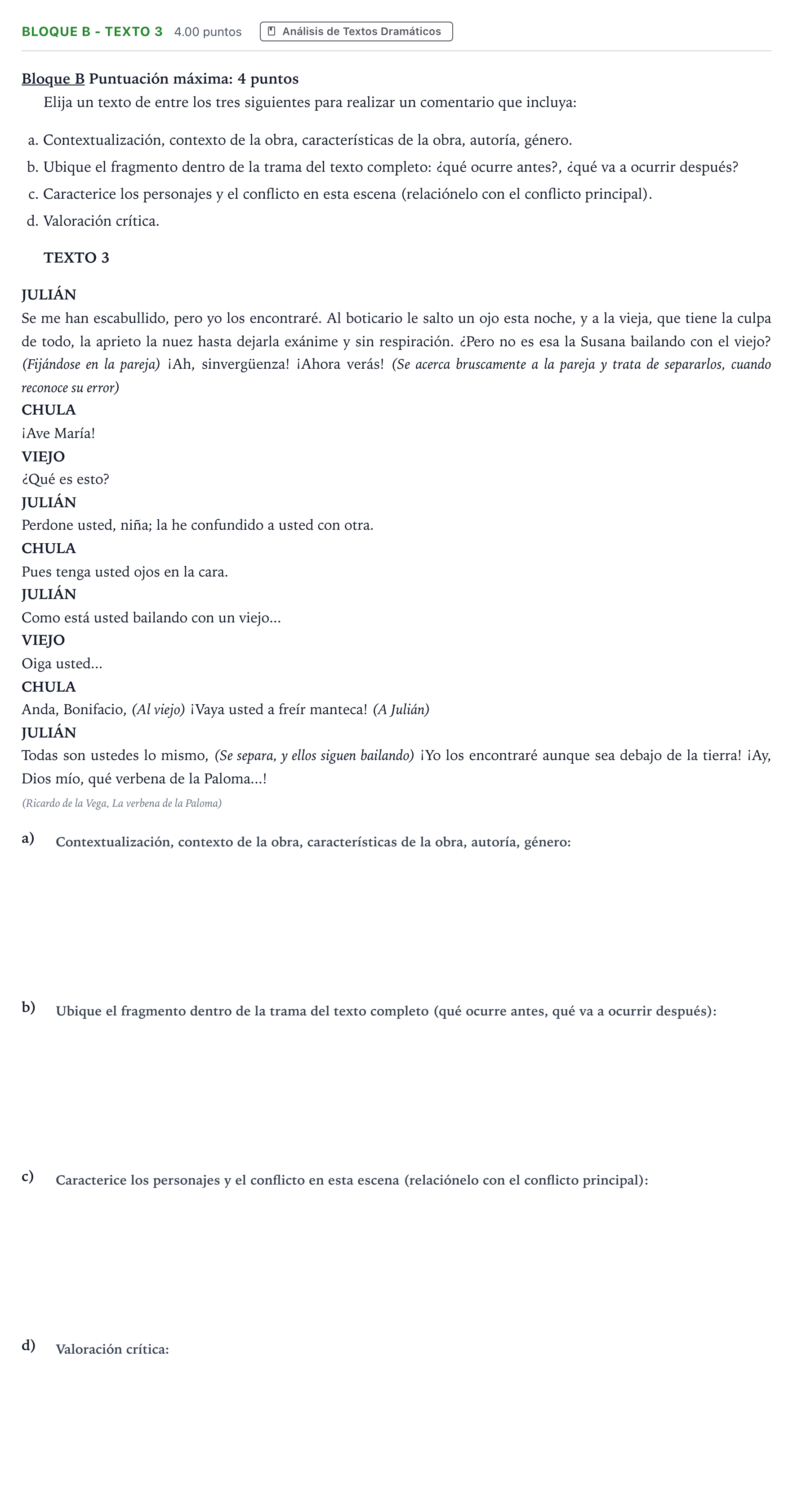 Enunciado: Bloque B - Texto 3 · Artes Escénicas PAU Andalucía Extraordinaria Titular 2021