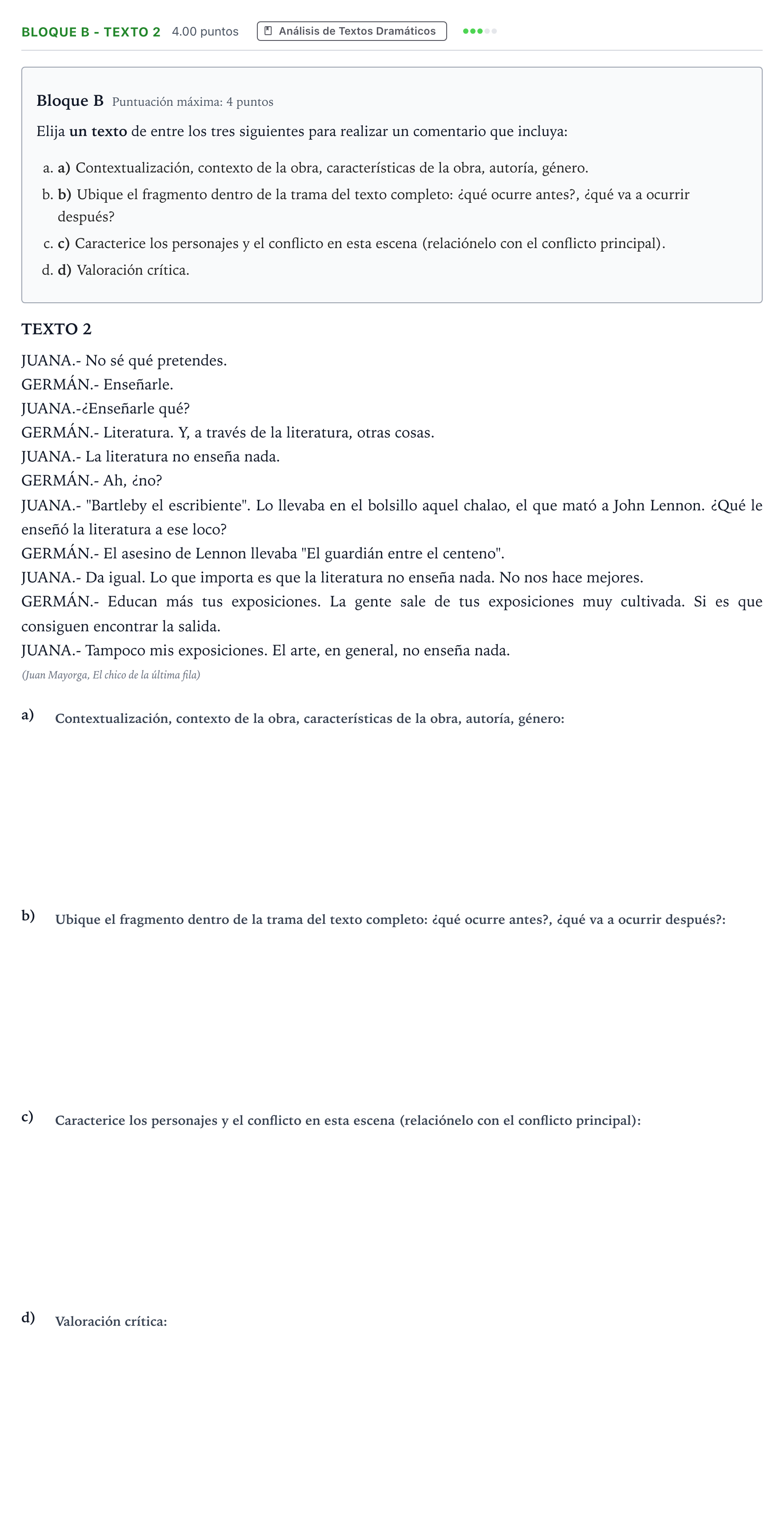 Enunciado: Bloque B - Texto 2 · Artes Escénicas PAU Andalucía Extraordinaria Reserva 2021