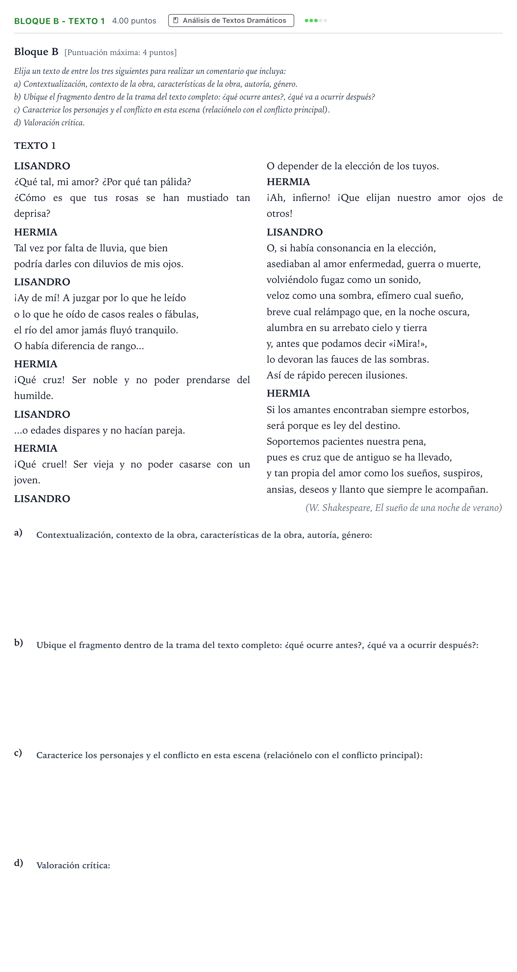 Enunciado: Bloque B - Texto 1 · Artes Escénicas PAU Andalucía Ordinaria Titular 2021