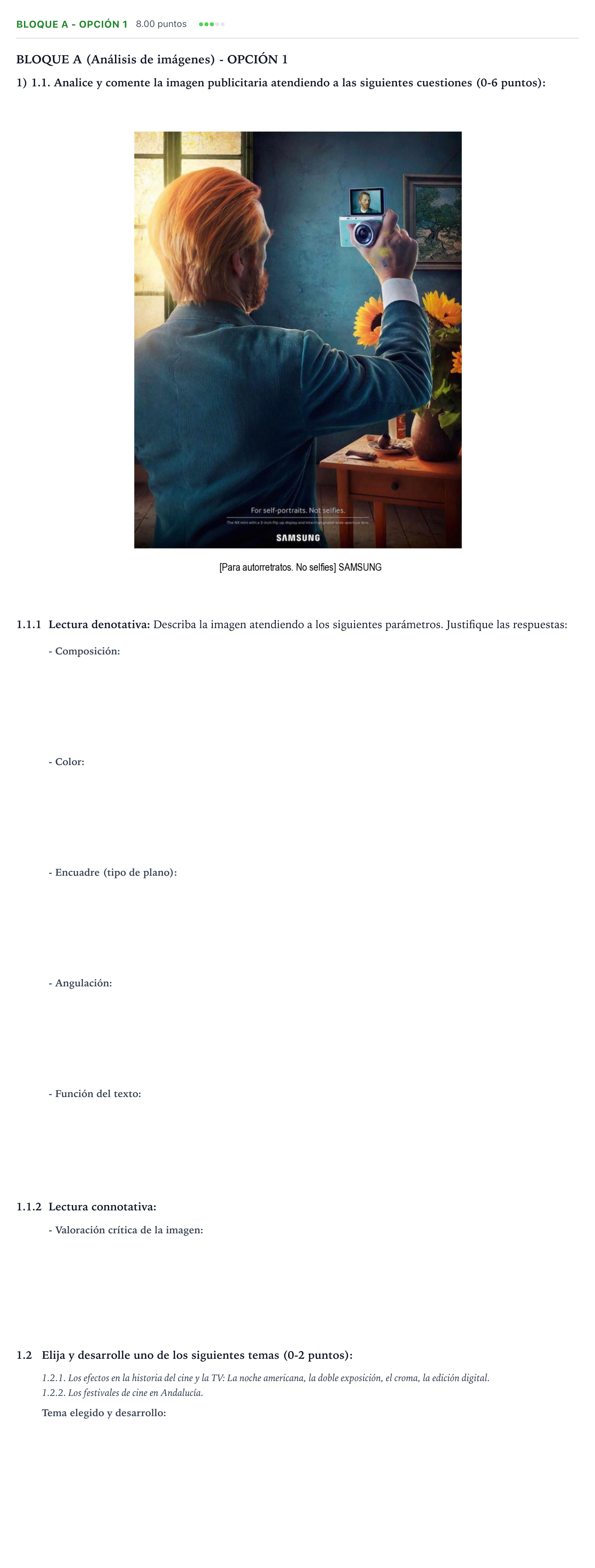 Enunciado: Bloque A - Opción 1 · Cultura Audiovisual II PAU Andalucía Extraordinaria Titular 2021