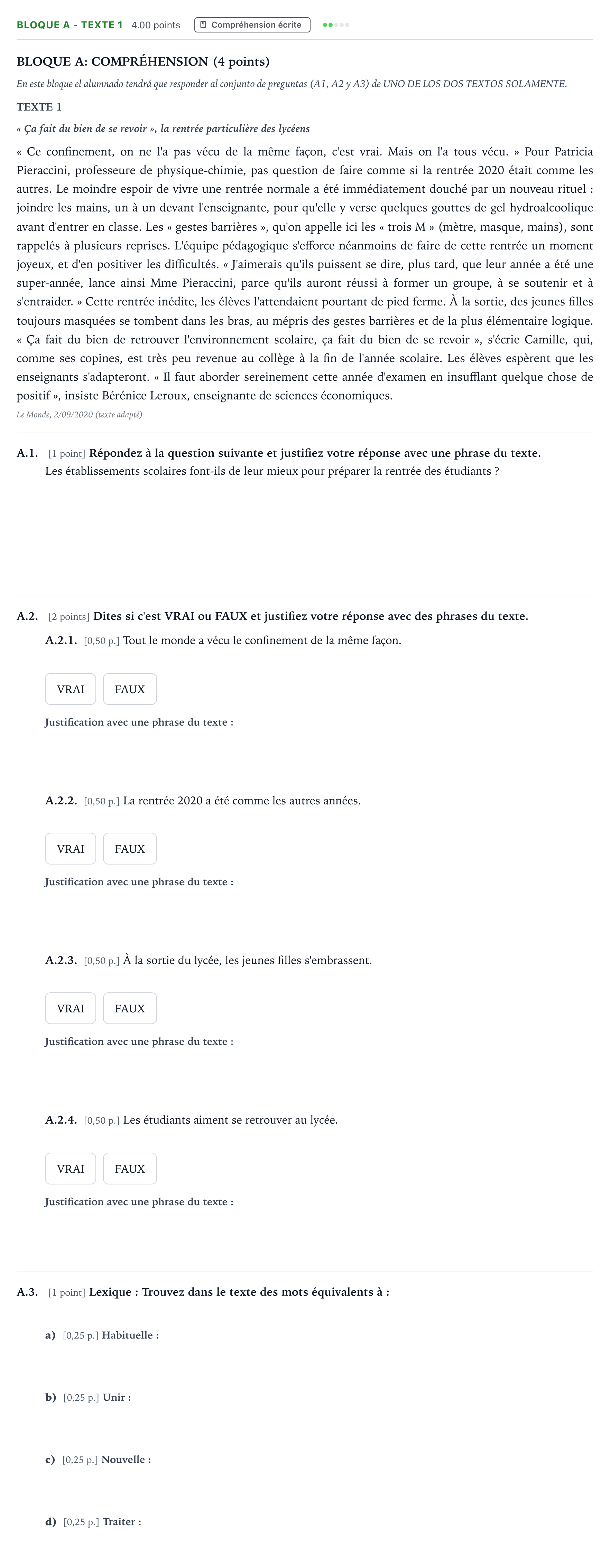 Enunciado: Bloque A - Texte 1 · Francés PAU Andalucía Extraordinaria Reserva 2021