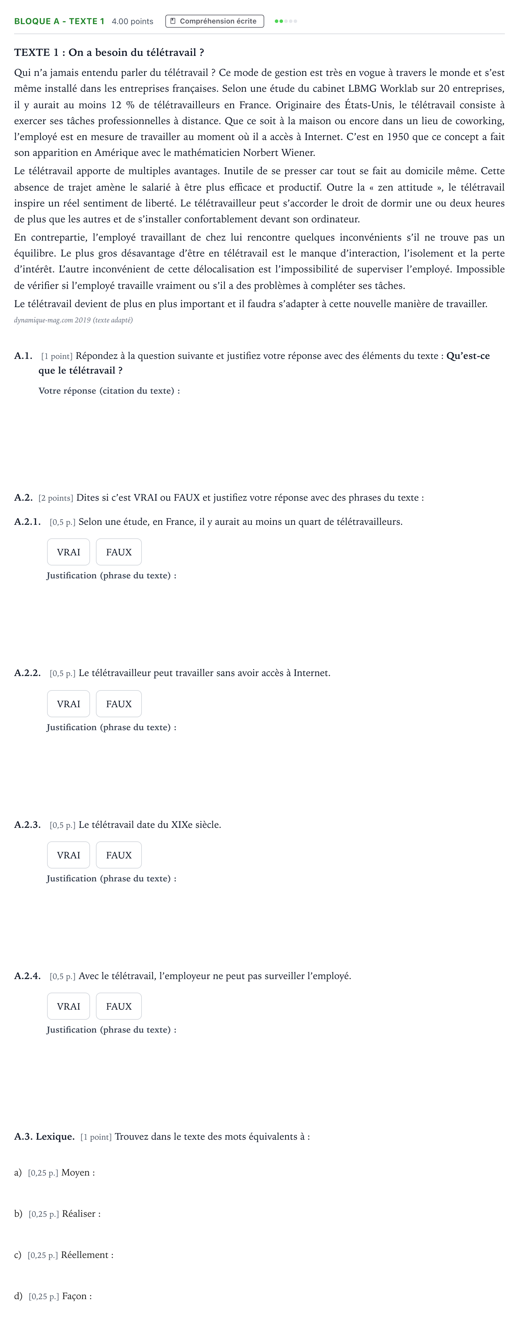 Enunciado: Bloque A - Texte 1 · Francés PAU Andalucía Extraordinaria Titular (Acceso) 2021