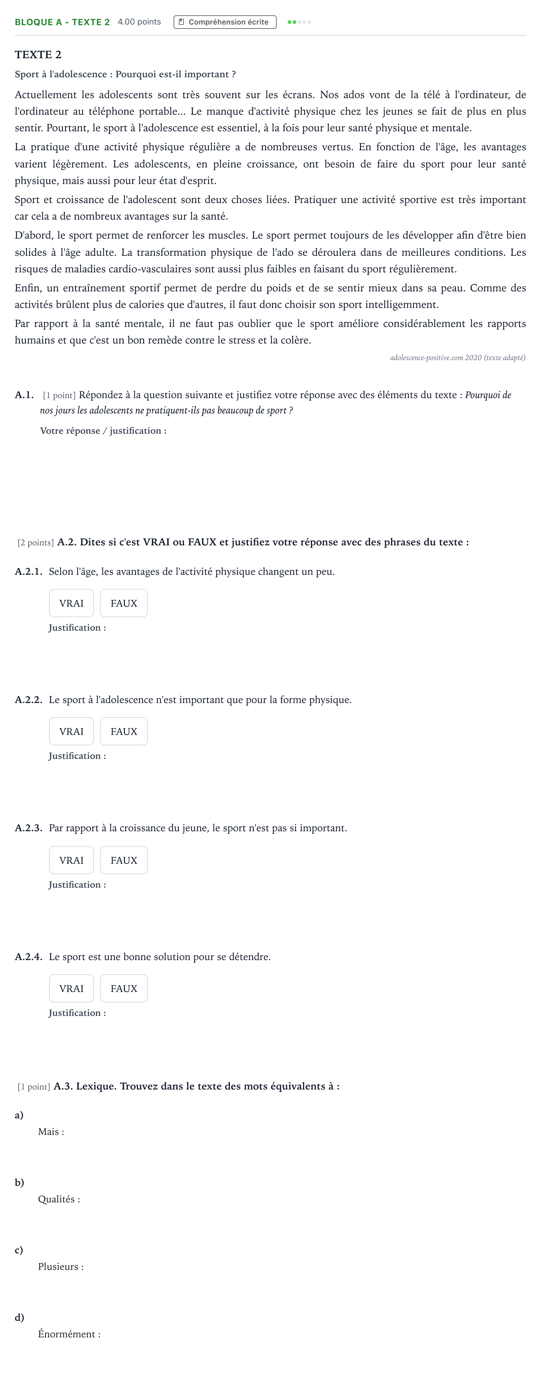 Enunciado: Bloque A - Texte 2 · Francés PAU Andalucía Extraordinaria Titular (Acceso) 2021