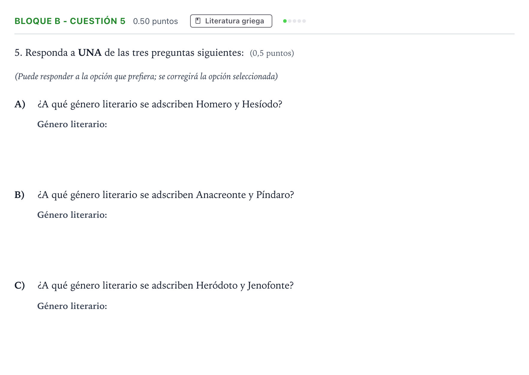 Enunciado: Bloque B - Cuestión 5 · Griego II PAU Andalucía Extraordinaria Reserva 2021
