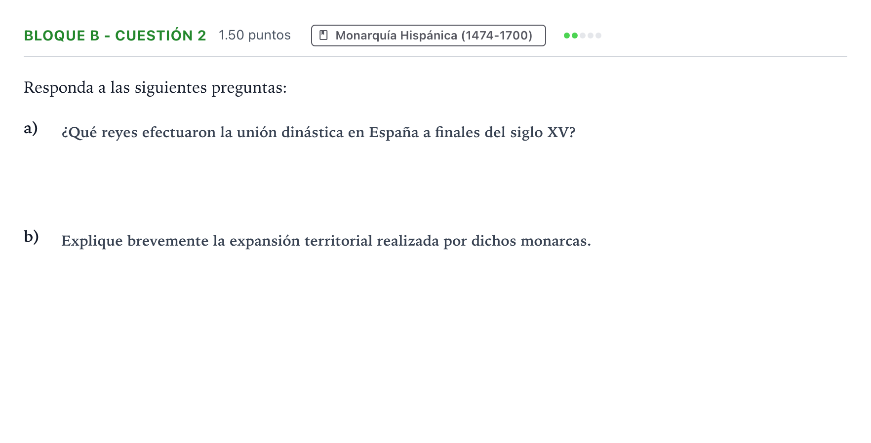 Enunciado: Bloque B - Cuestión 2 · Historia de España PAU Andalucía Extraordinaria Suplente 2021