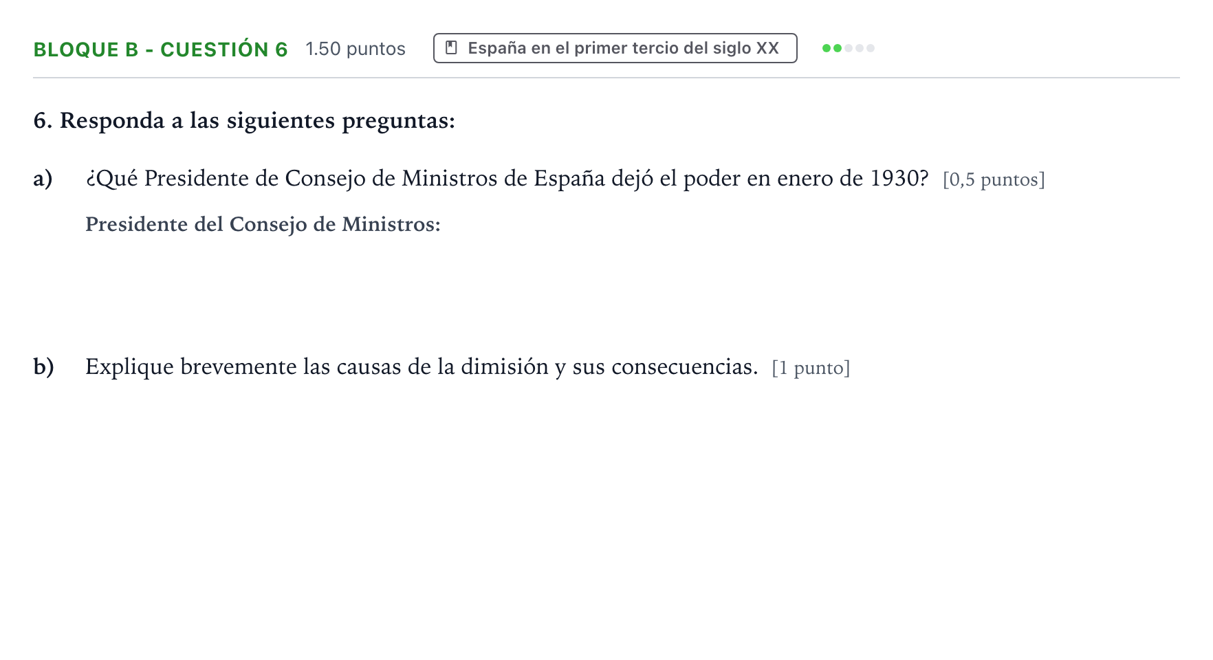 Enunciado: Bloque B - Cuestión 6 · Historia de España PAU Andalucía Ordinaria Reserva 2021
