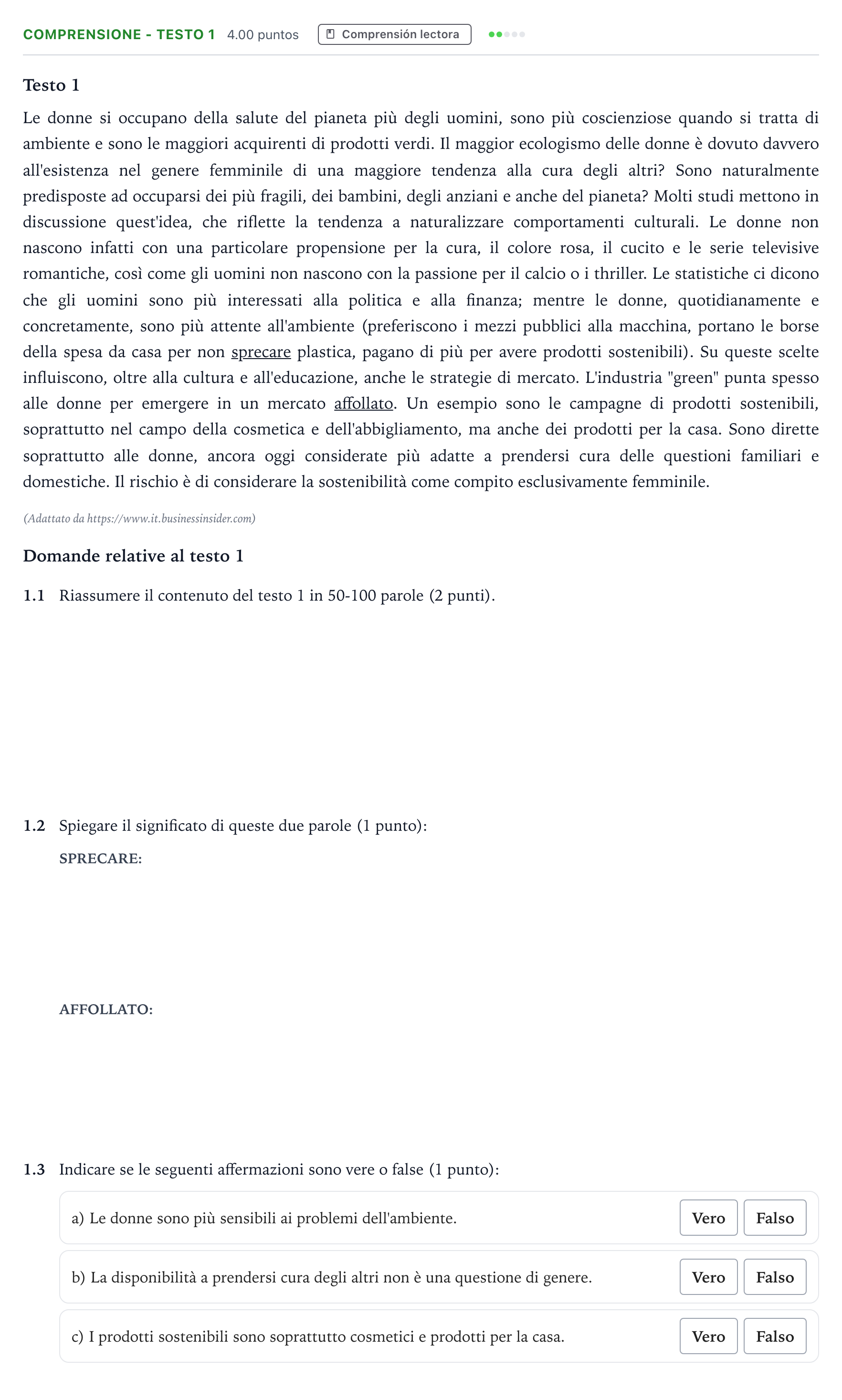 Enunciado: Ejercicio Comprensione - Testo 1 · Italiano PAU Andalucía Extraordinaria Reserva 2021