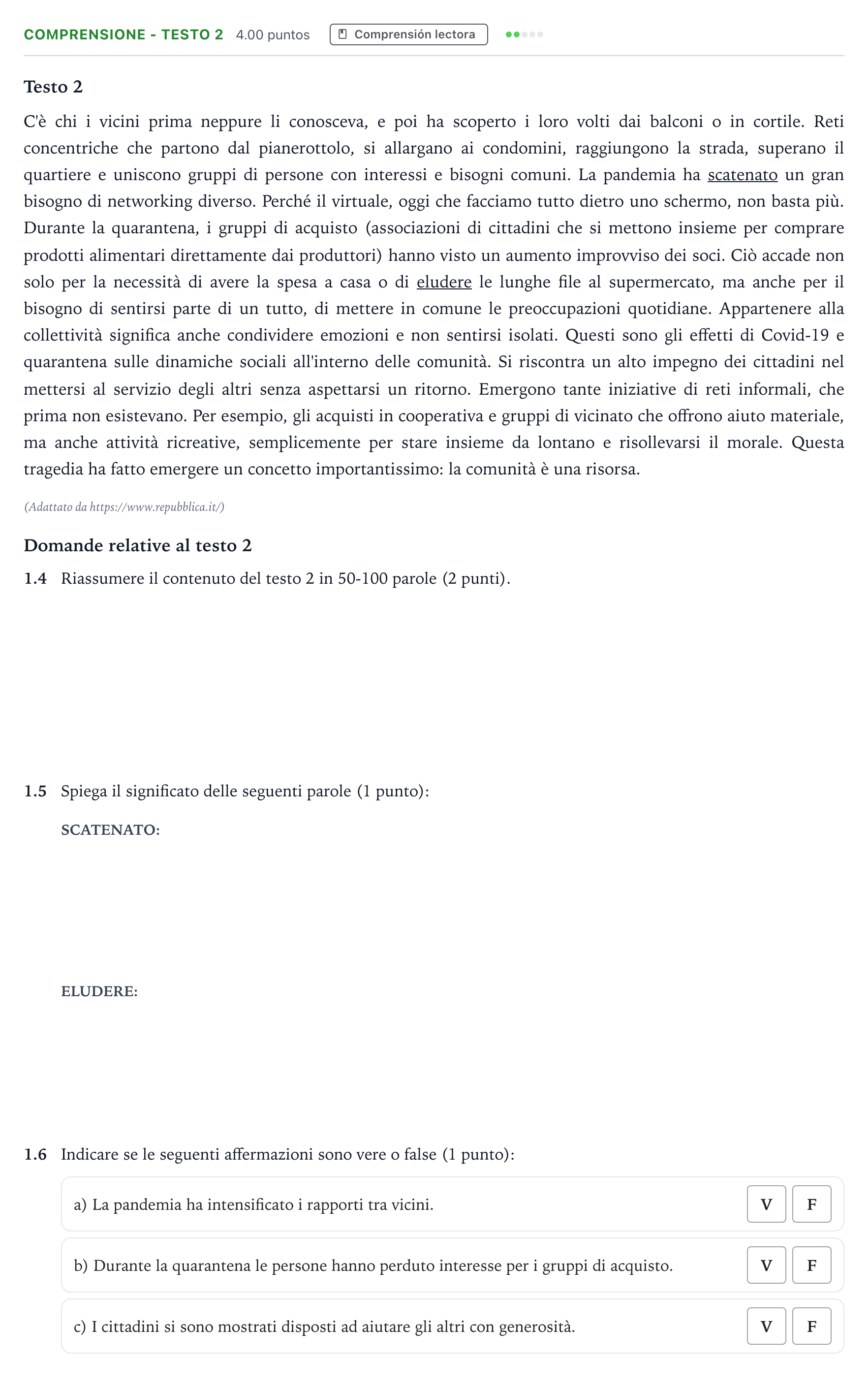 Enunciado: Ejercicio Comprensione - Testo 2 · Italiano PAU Andalucía Extraordinaria Reserva 2021