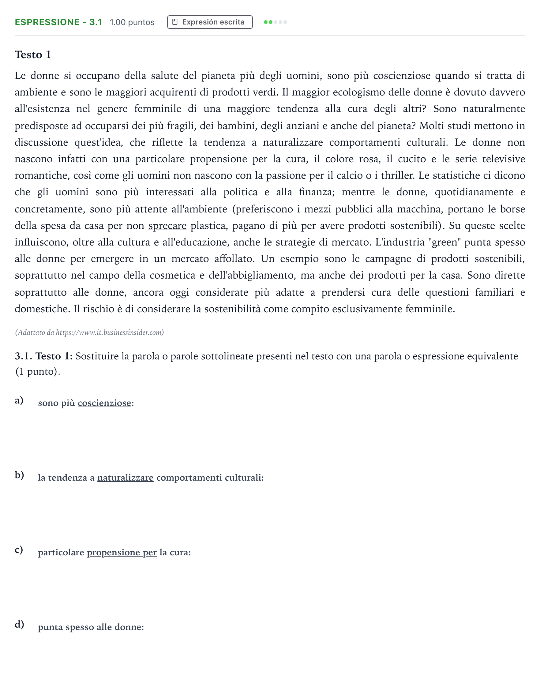 Enunciado: Ejercicio Espressione - 3.1 · Italiano PAU Andalucía Extraordinaria Reserva 2021