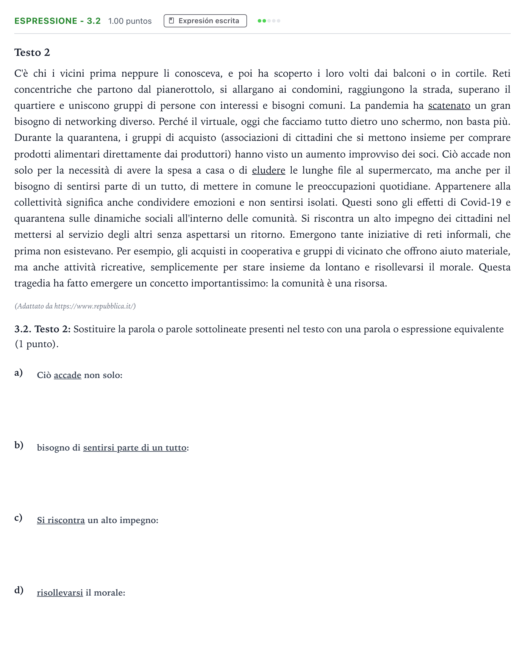 Enunciado: Ejercicio Espressione - 3.2 · Italiano PAU Andalucía Extraordinaria Reserva 2021