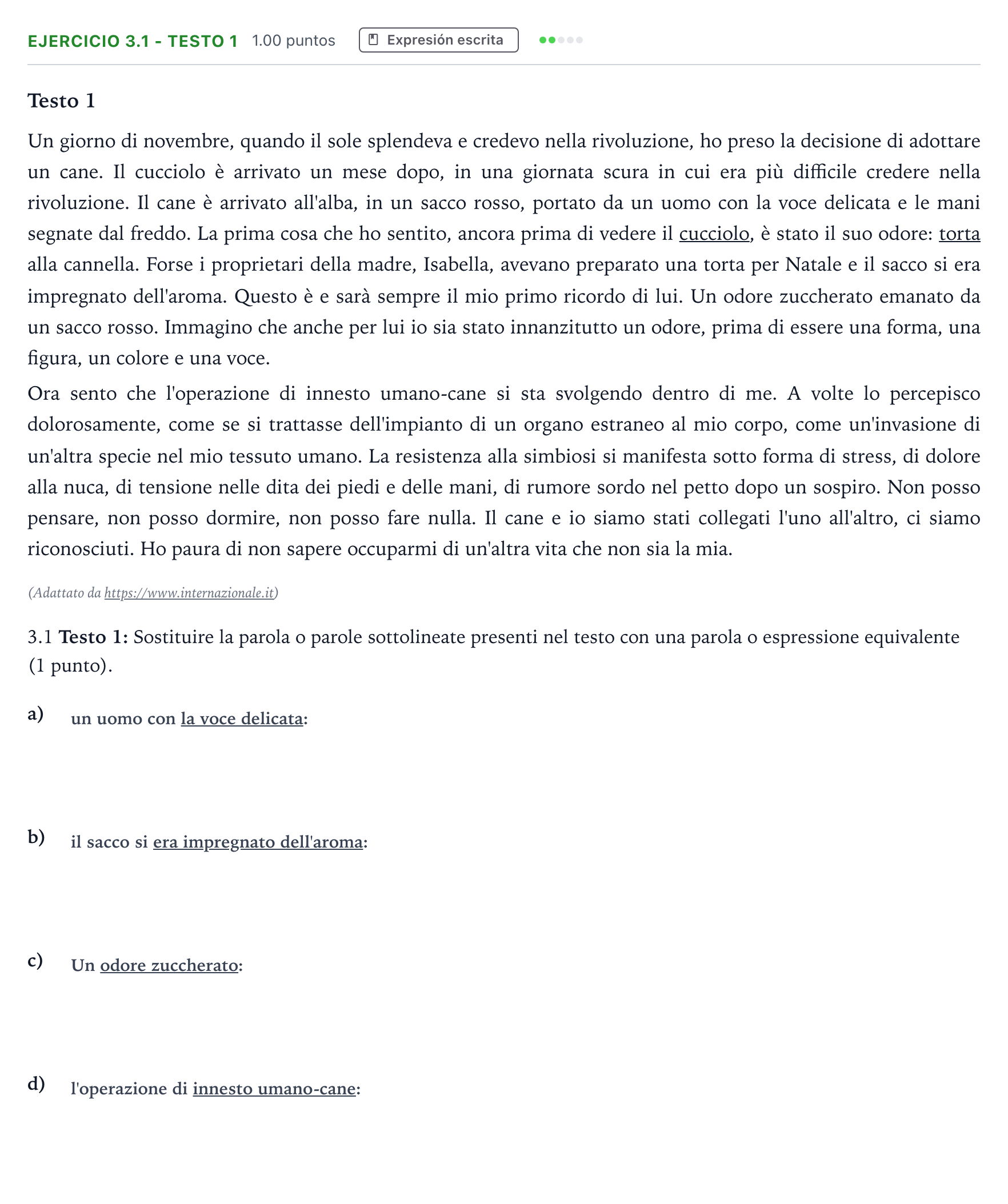 Enunciado: Ejercicio 3.1 - Testo 1 · Italiano PAU Andalucía Extraordinaria Suplente 2021