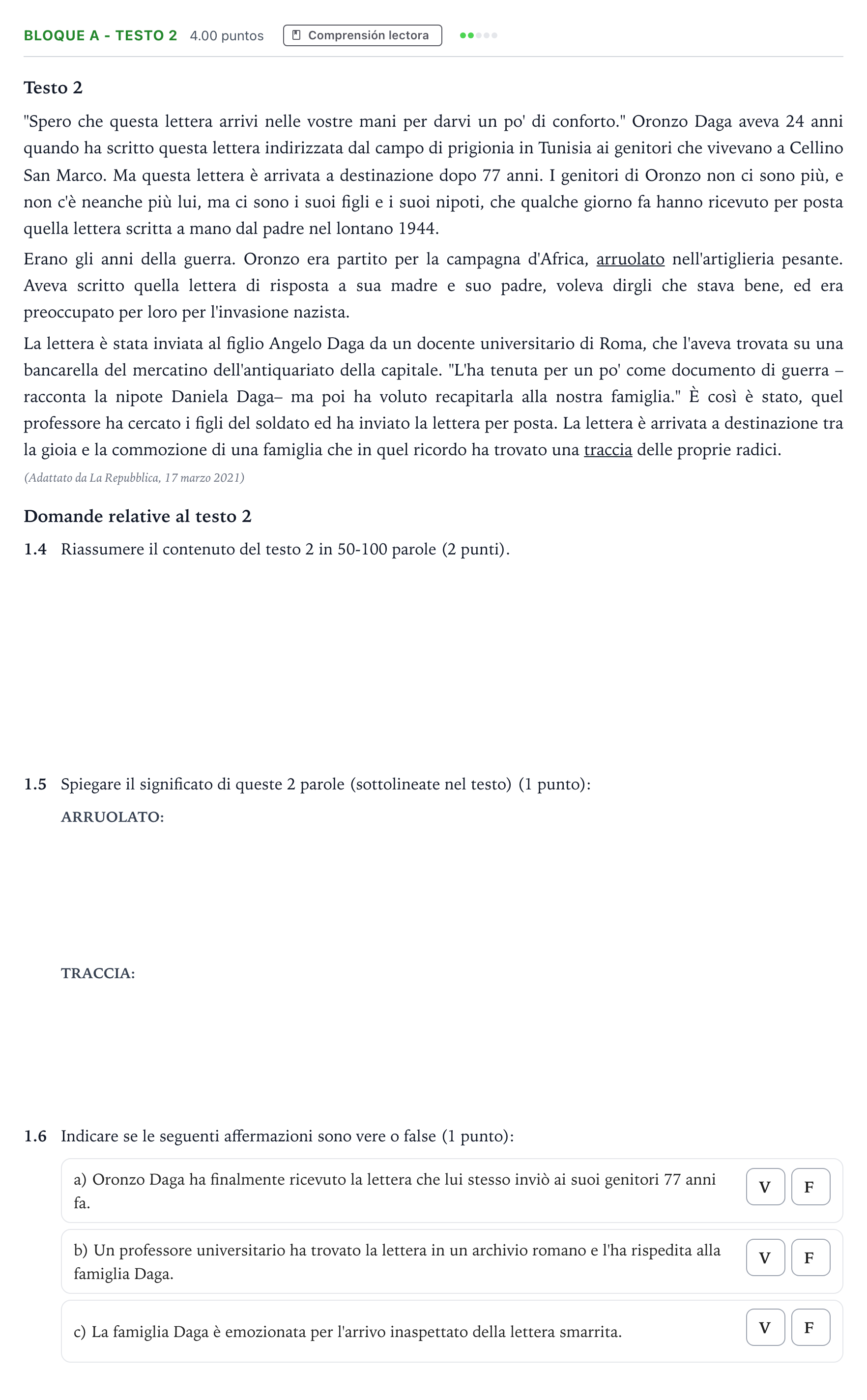 Enunciado: Bloque A - Testo 2 · Italiano PAU Andalucía Extraordinaria Titular (Acceso) 2021