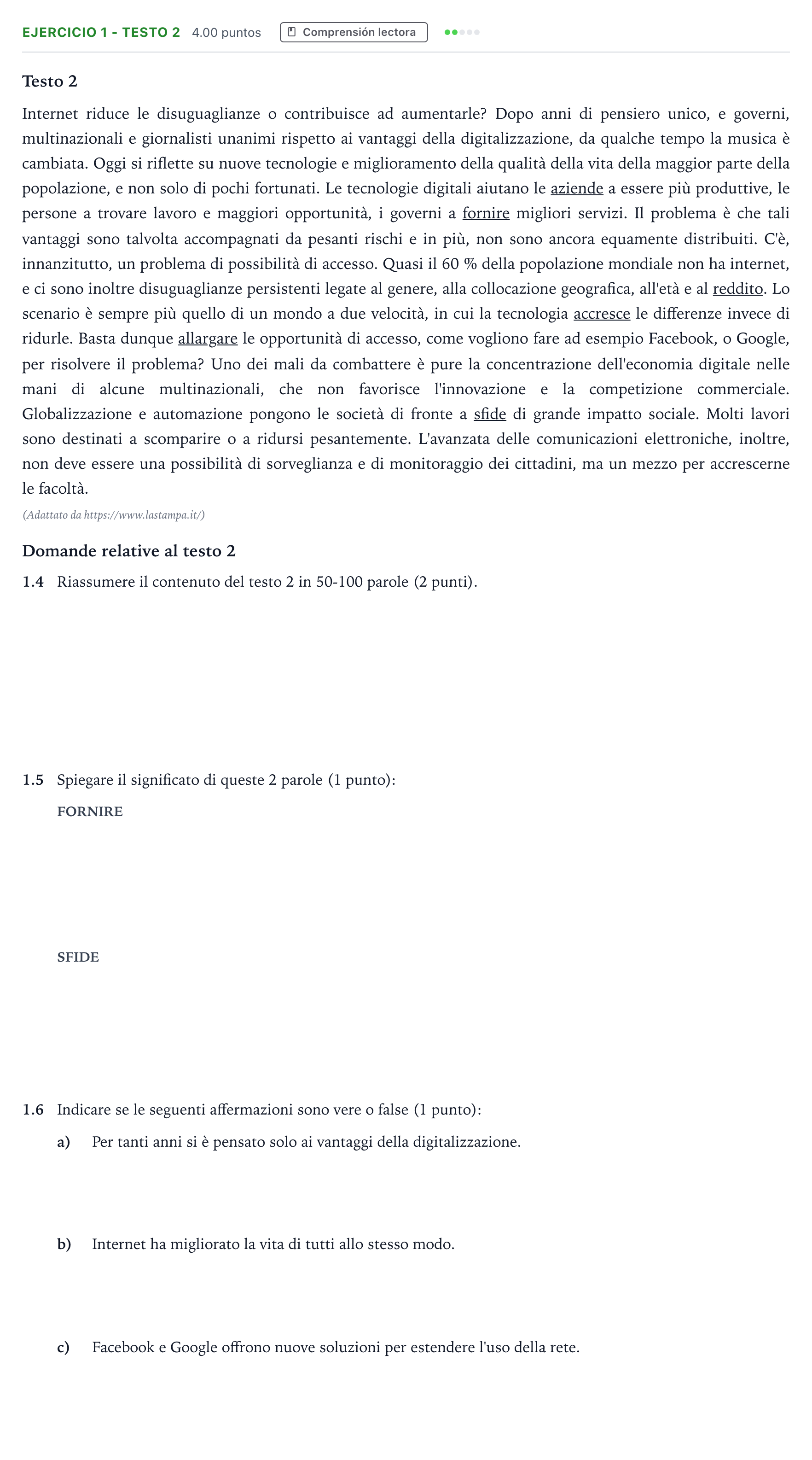 Enunciado: Ejercicio 1 - Testo 2 · Italiano PAU Andalucía Extraordinaria Titular (Admisión) 2021