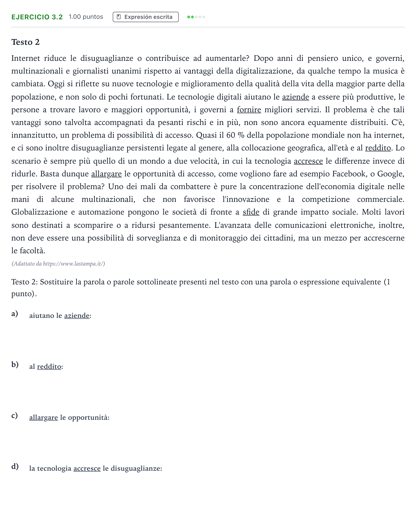 Enunciado: Ejercicio 3.2 · Italiano PAU Andalucía Extraordinaria Titular (Admisión) 2021